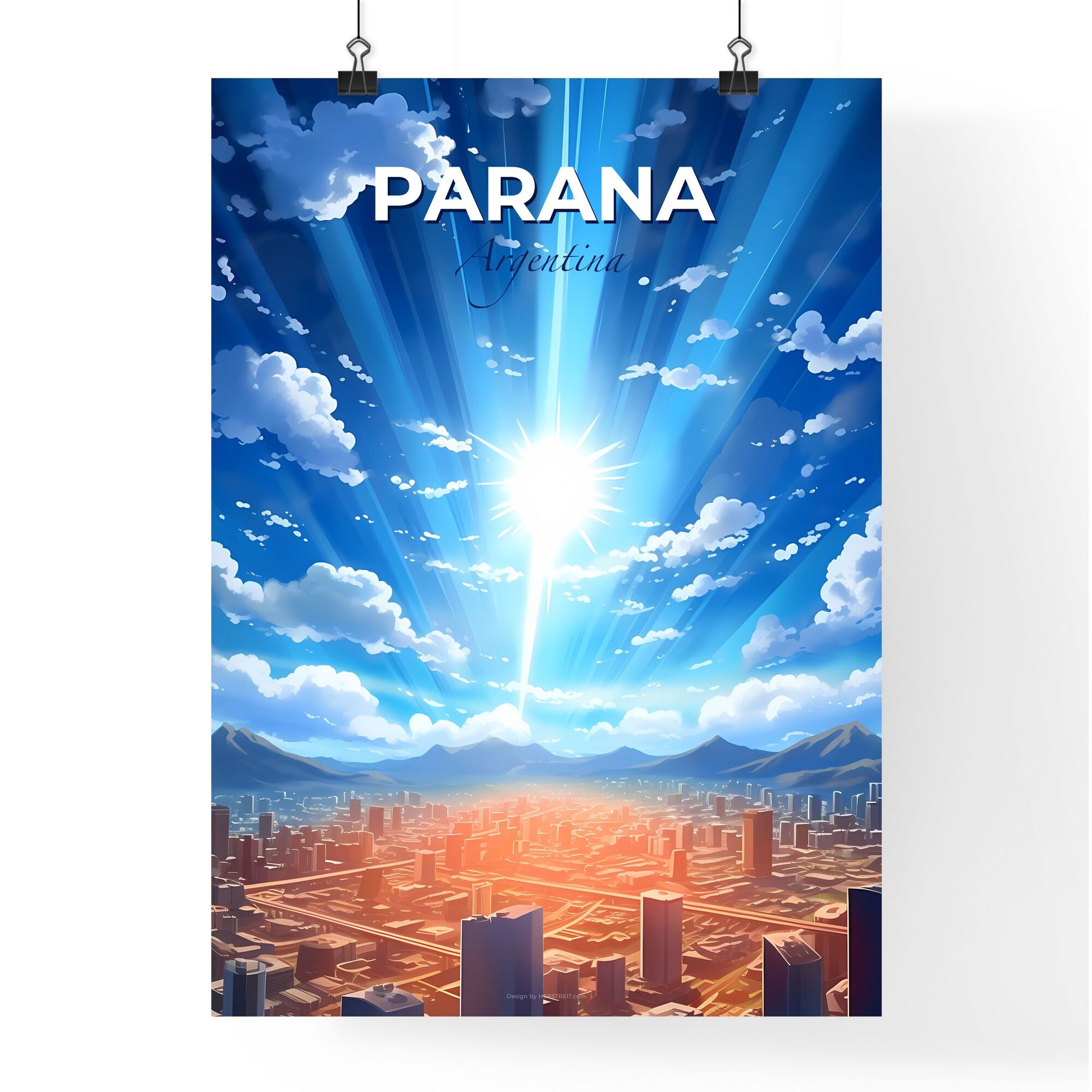 Vibrant Painting of Parana Argentina Skyline Under an Illuminating Celestial Glow Default Title