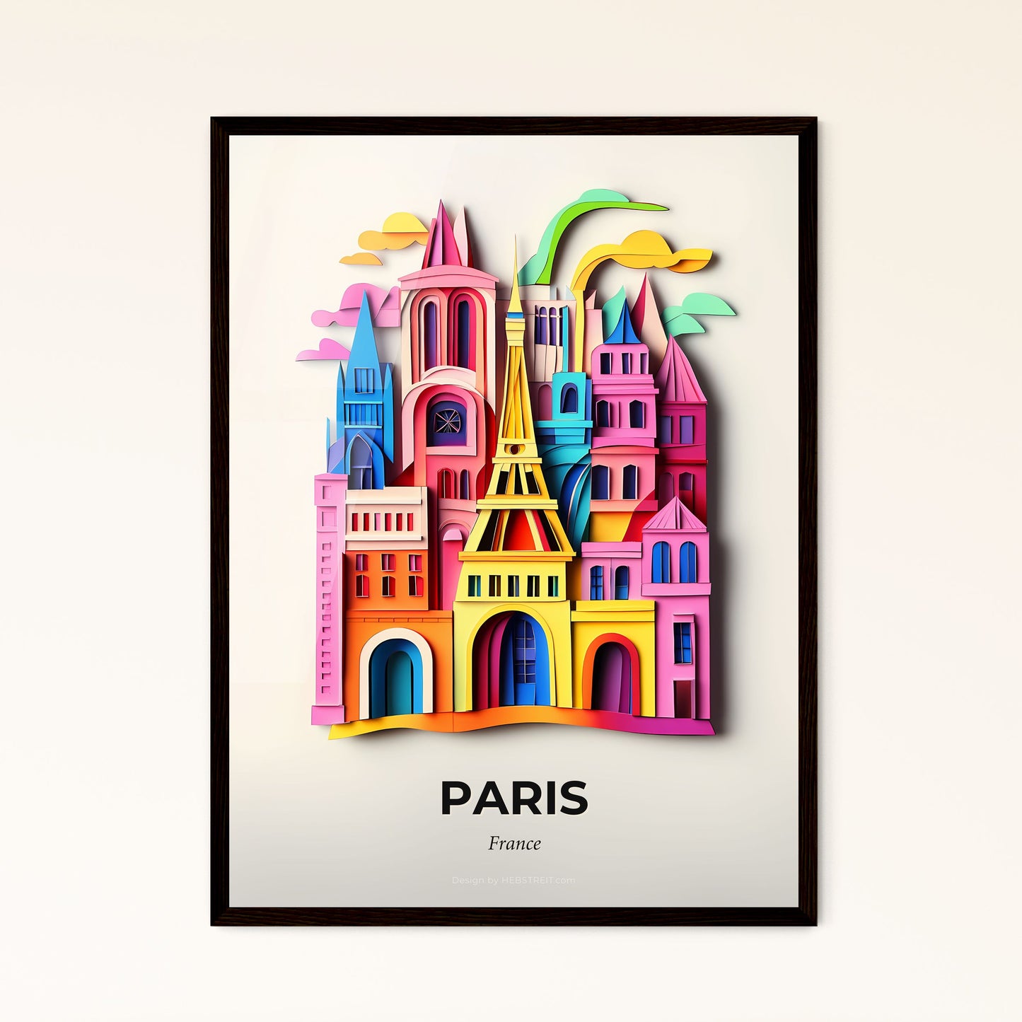 Vivid Paris, France - a colorful paper cut of a castle with a clock