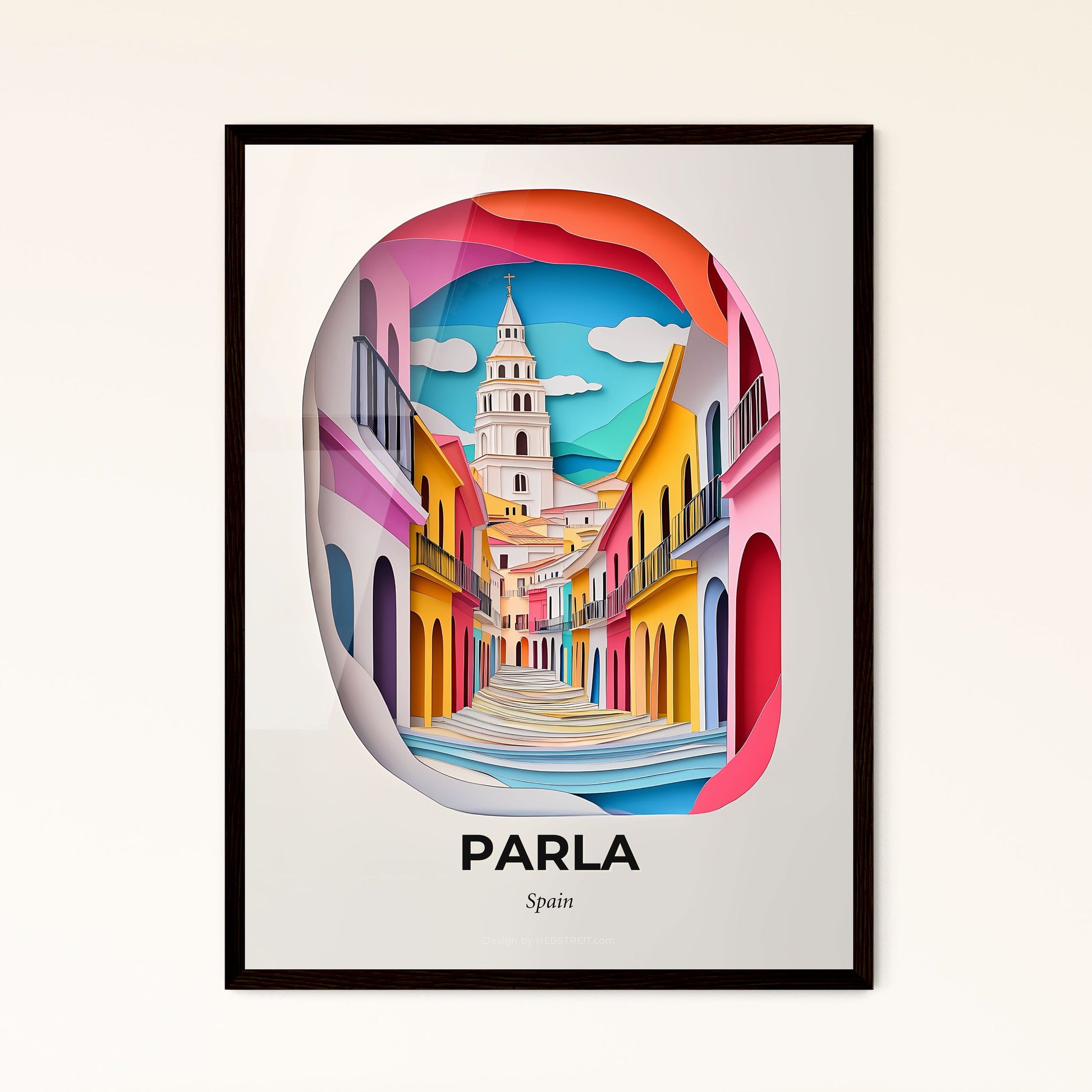 Vivid Parla, Spain - a paper cut of a street with a clock tower