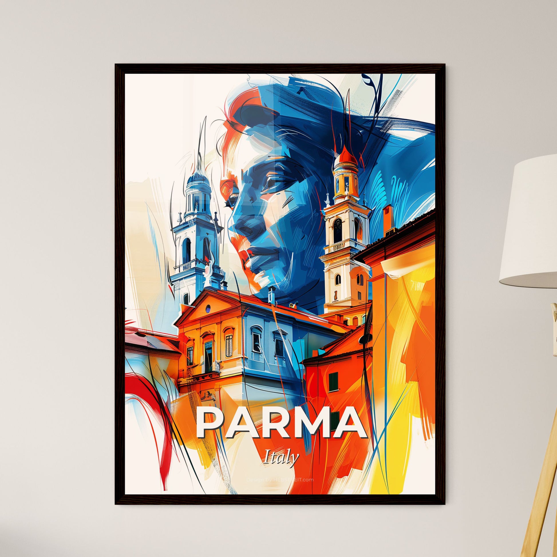 Vibrant Parma , Italy - A Painting Of A Woman's Face And Buildings