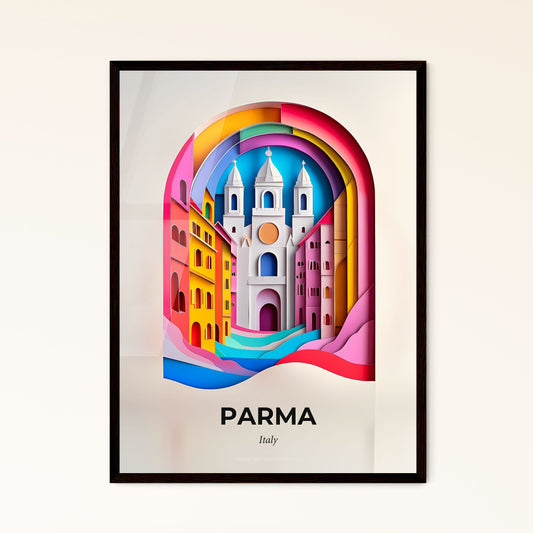 Vivid Parma, Italy - a paper cut of a church and a rainbow