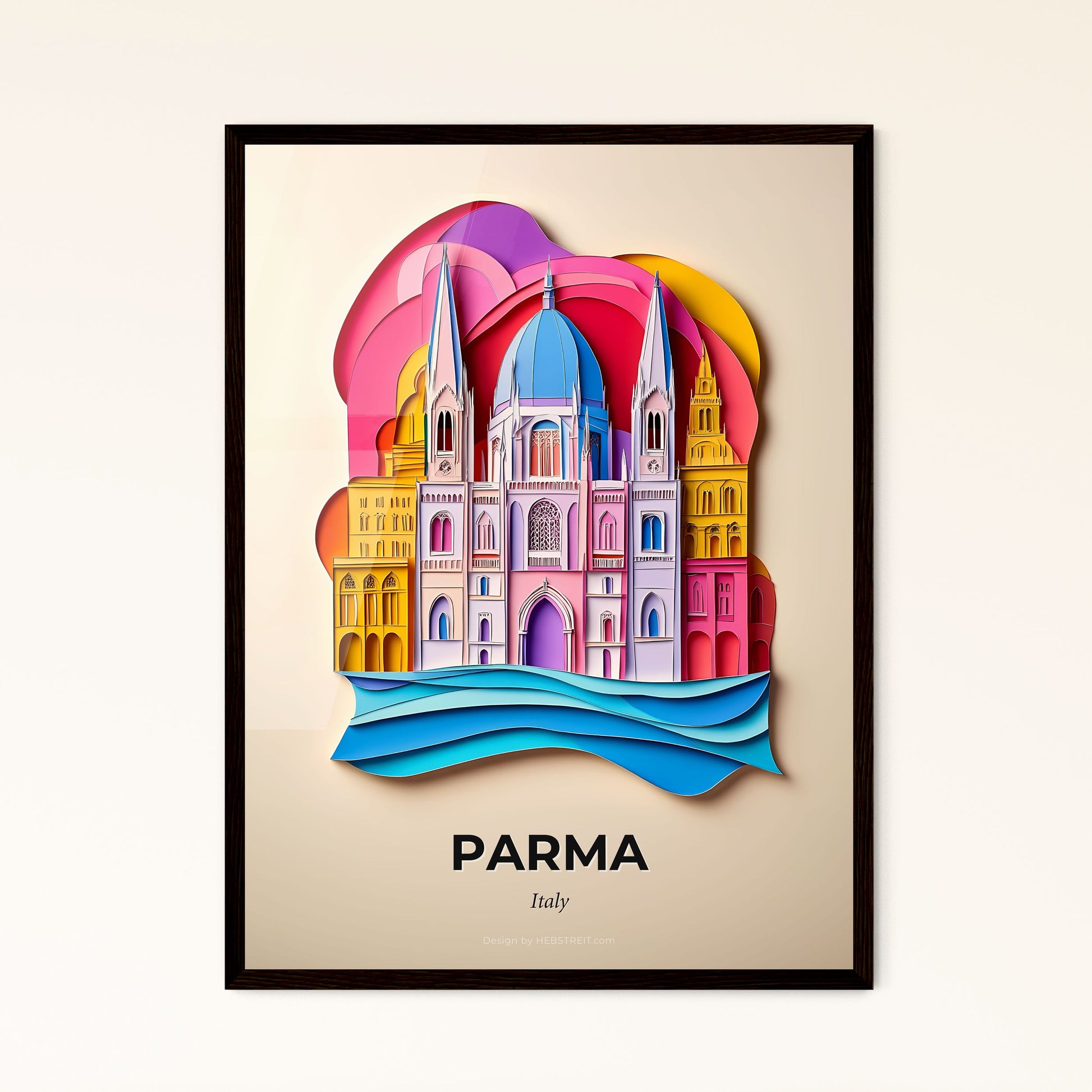 Vivid Parma, Italy - a paper cut of a church with a rainbow sky