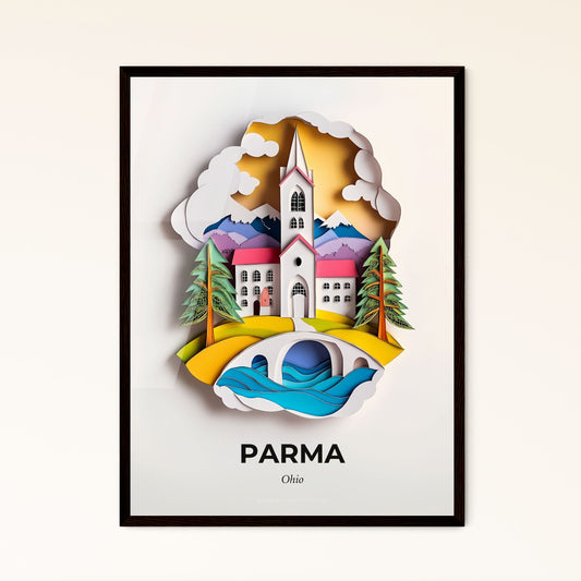 Vivid Parma, Ohio - a paper cut of a church and a river