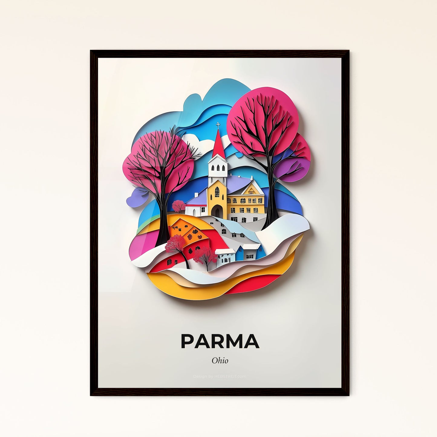 Vivid Parma, Ohio - a paper cut of a small town with trees