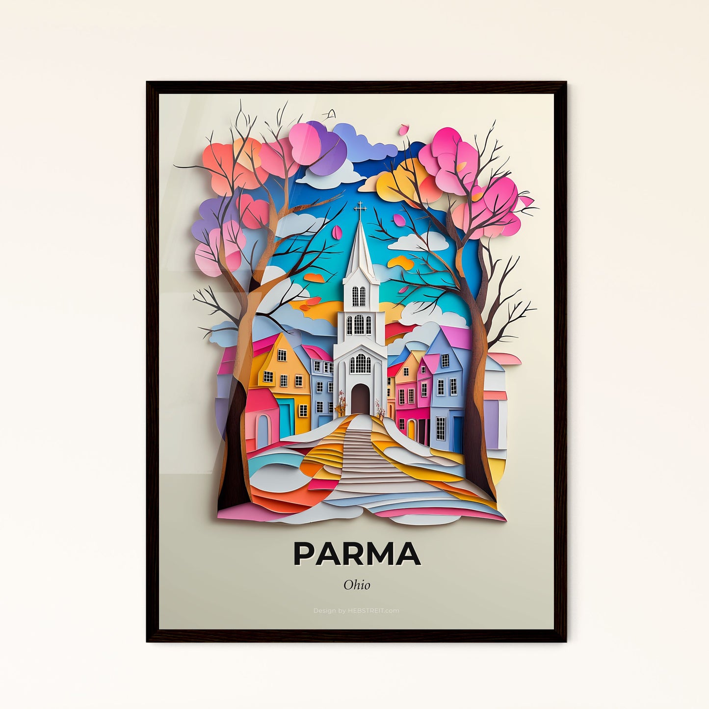 Vivid Parma, Ohio - a paper cut of a church and trees