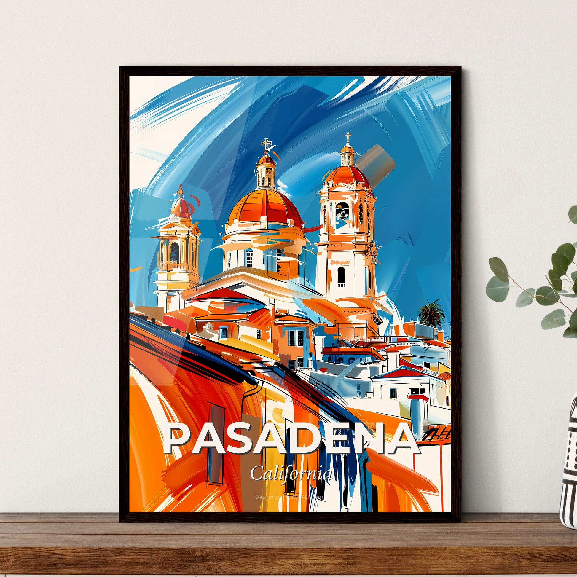 Vibrant Pasadena, California - A Painting Of A Building With A Dome And A Blue And White Background