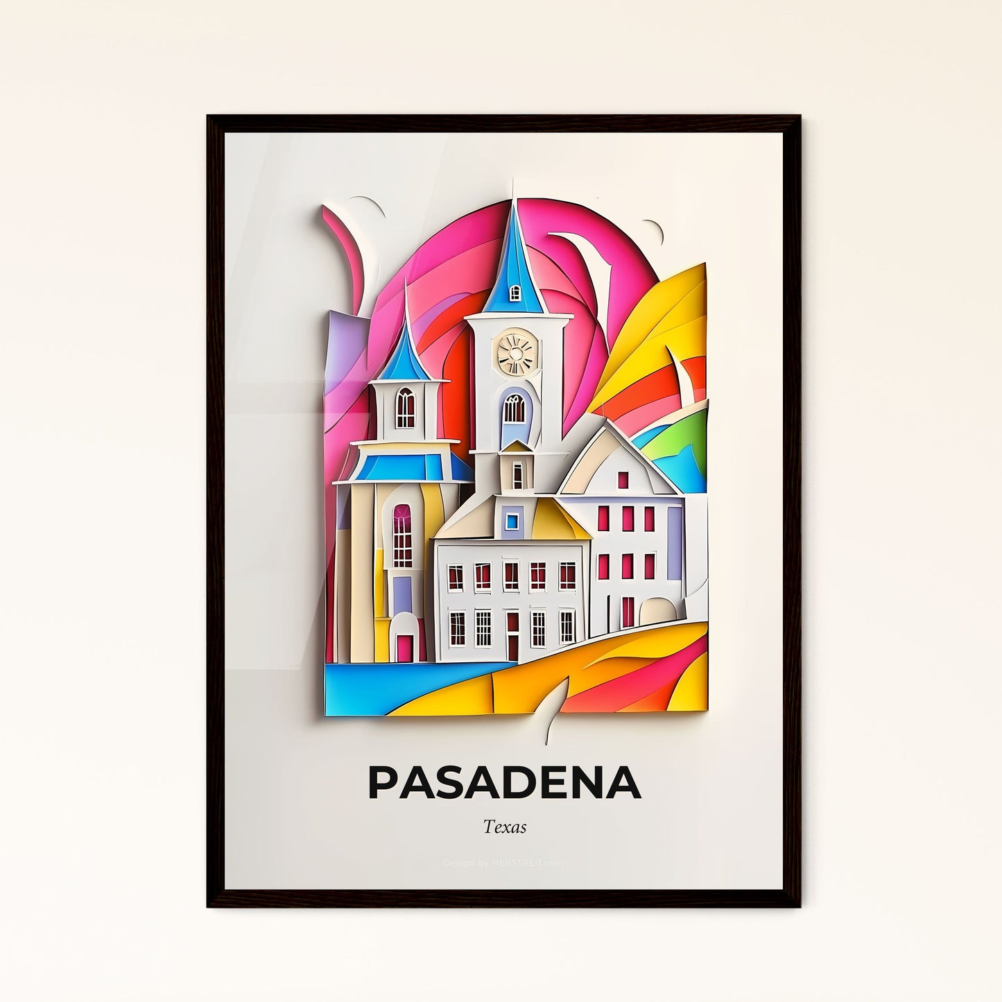 Vivid Pasadena, Texas - a clock tower is shown in a colorful paper cut