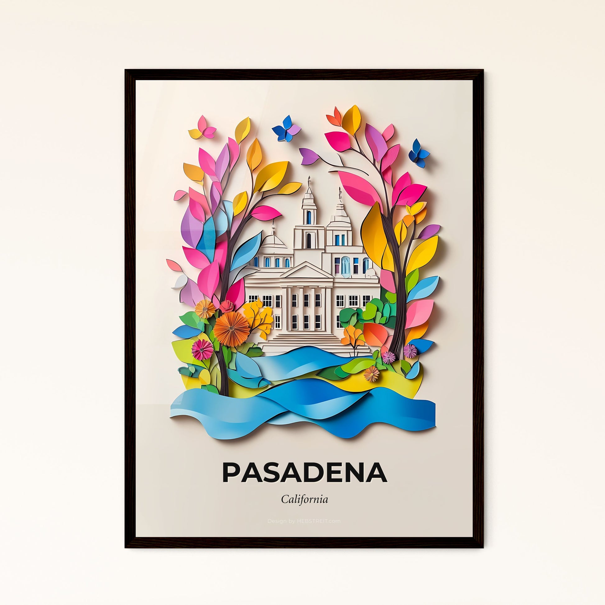 Vivid Pasadena, California - a paper cut of a building with a river and trees