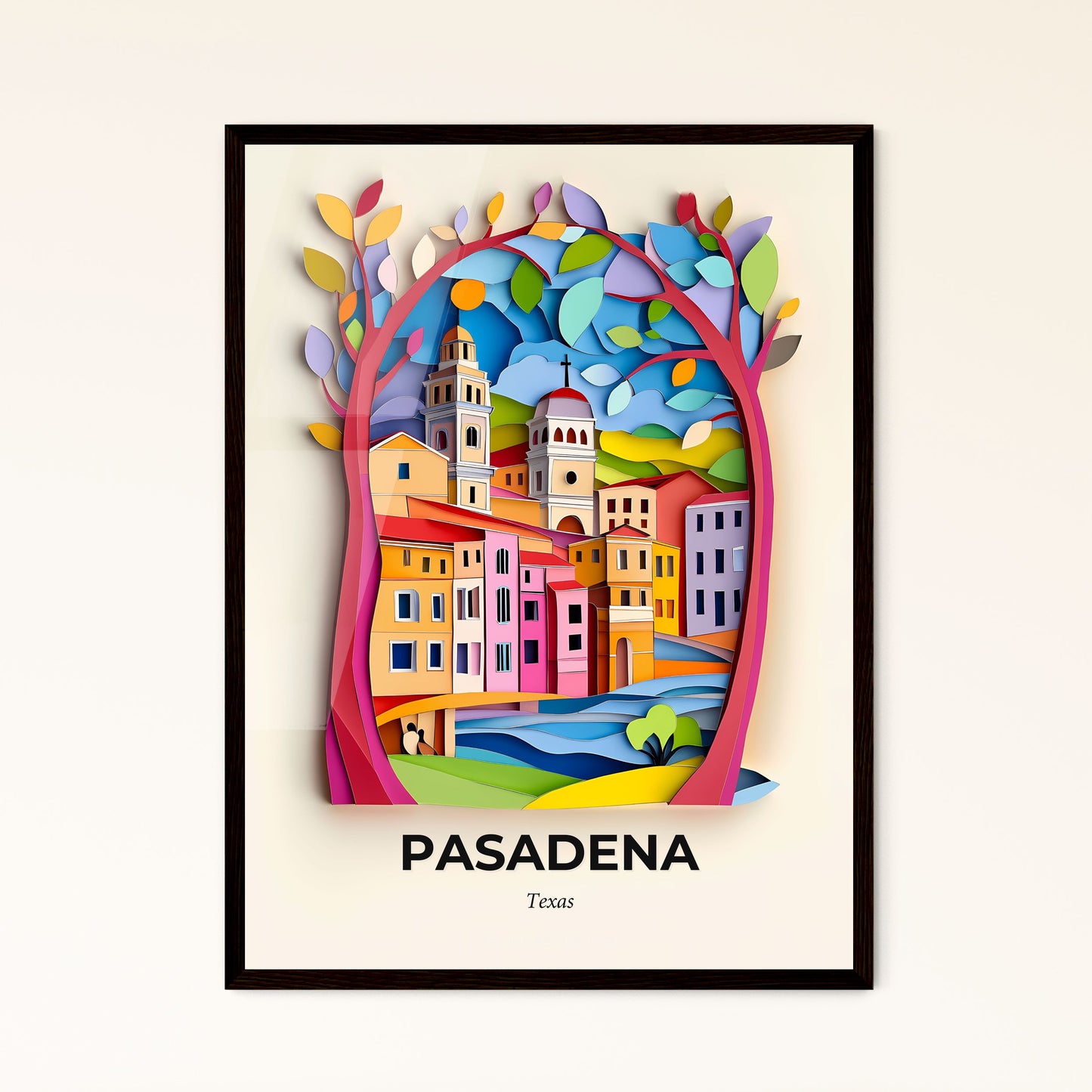 Vivid Pasadena, Texas - a paper cut of a city with a tree