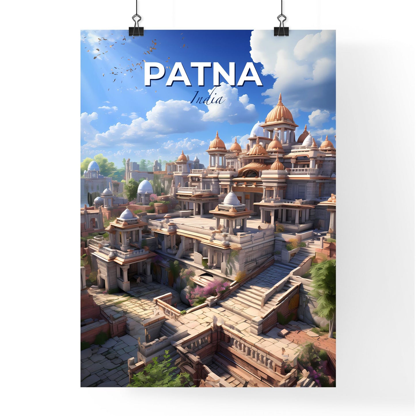 Panoramic Painting of Patna's Skyline with Towering Structures and a Serene Blue Firmament Default Title