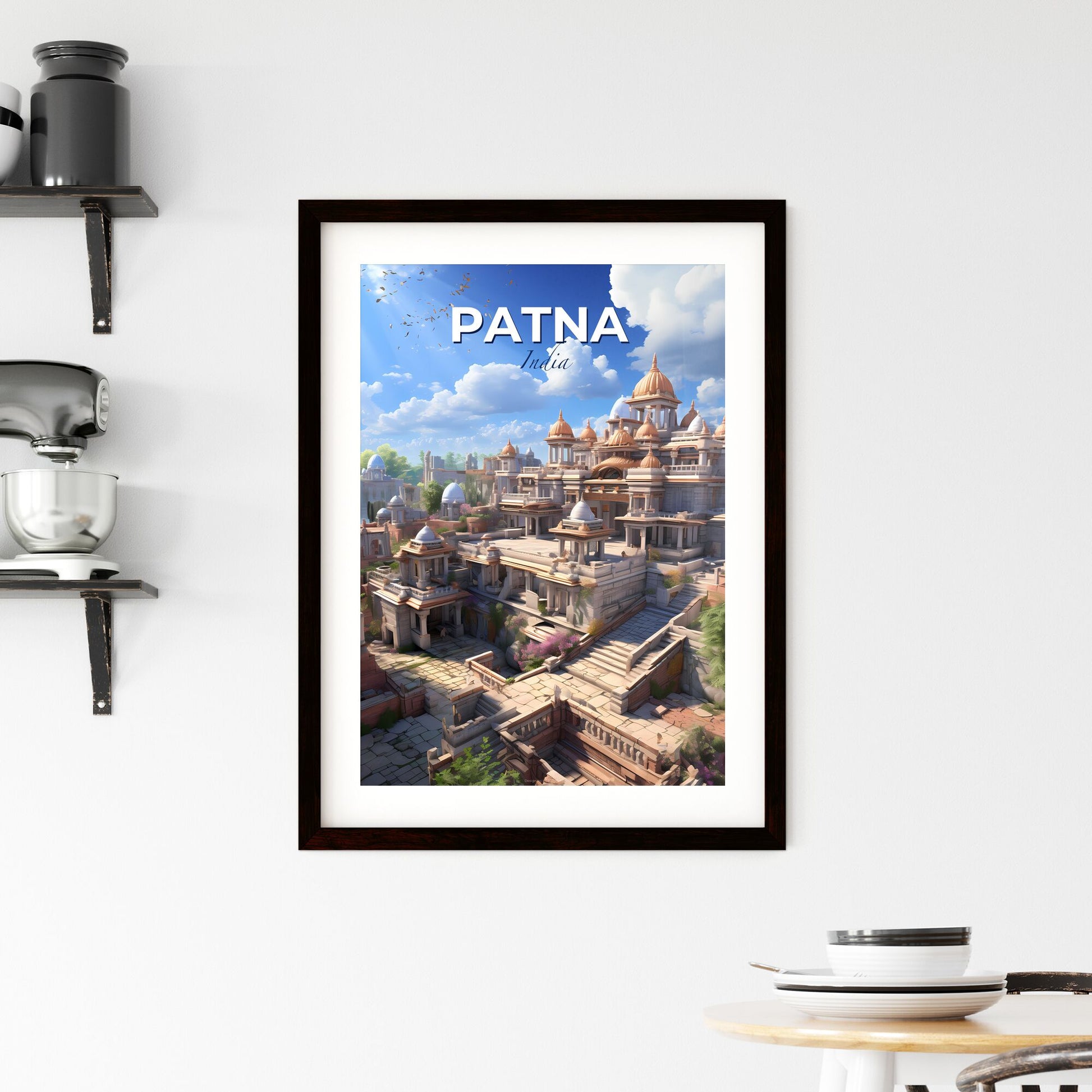 Panoramic Painting of Patna's Skyline with Towering Structures and a Serene Blue Firmament Default Title