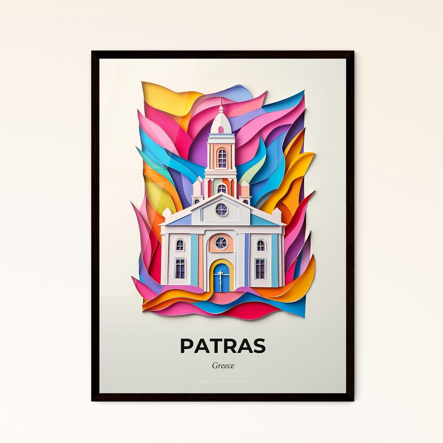 Vivid Patras, Greece - a church with a clock tower surrounded by colorful paper art