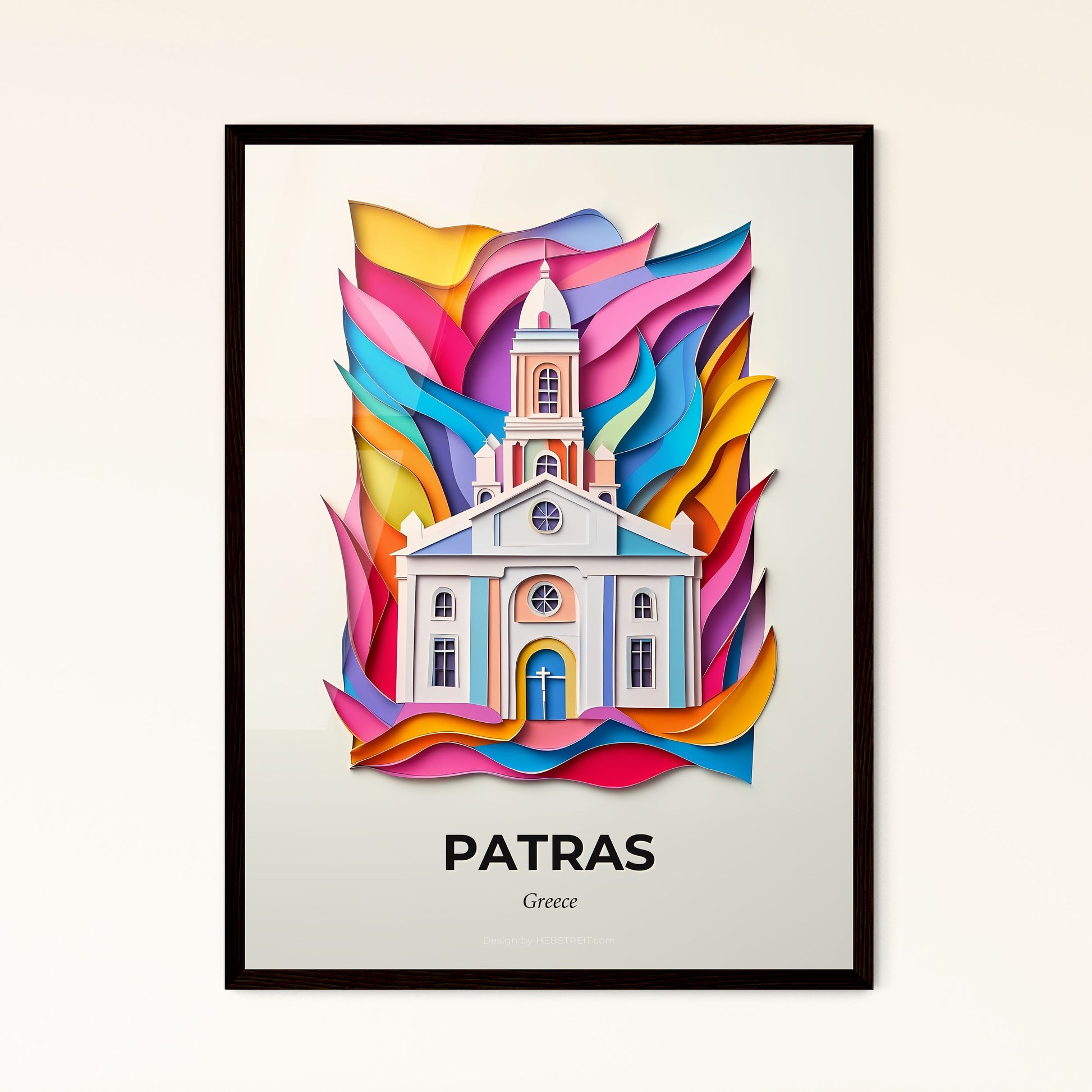 Vivid Patras, Greece - a church with a clock tower surrounded by colorful paper art