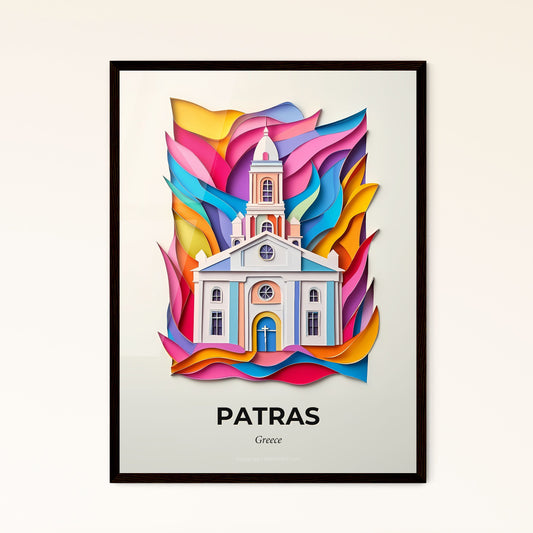 Vivid Patras, Greece - a church with a clock tower surrounded by colorful paper art