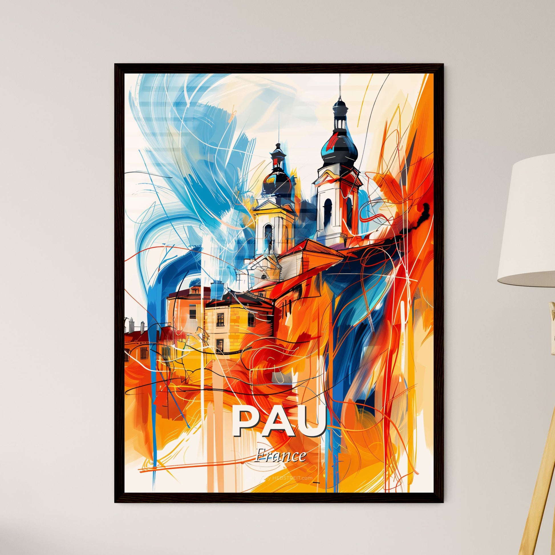 Vibrant Pau, France - A Painting Of A Building With Towers And A Blue And Orange Swirl