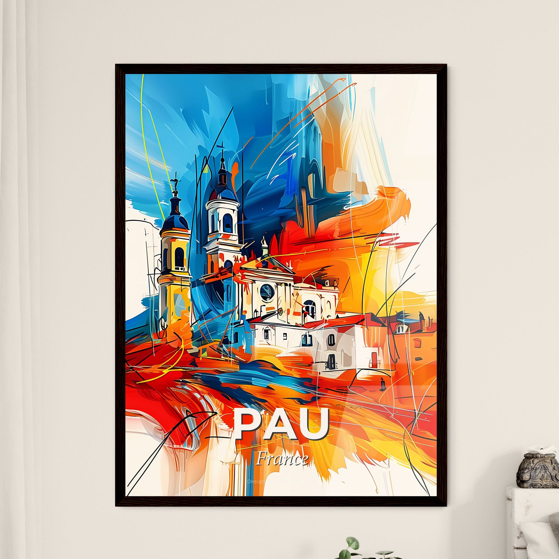 Vibrant Pau, France - A Painting Of A Building With A Colorful Background