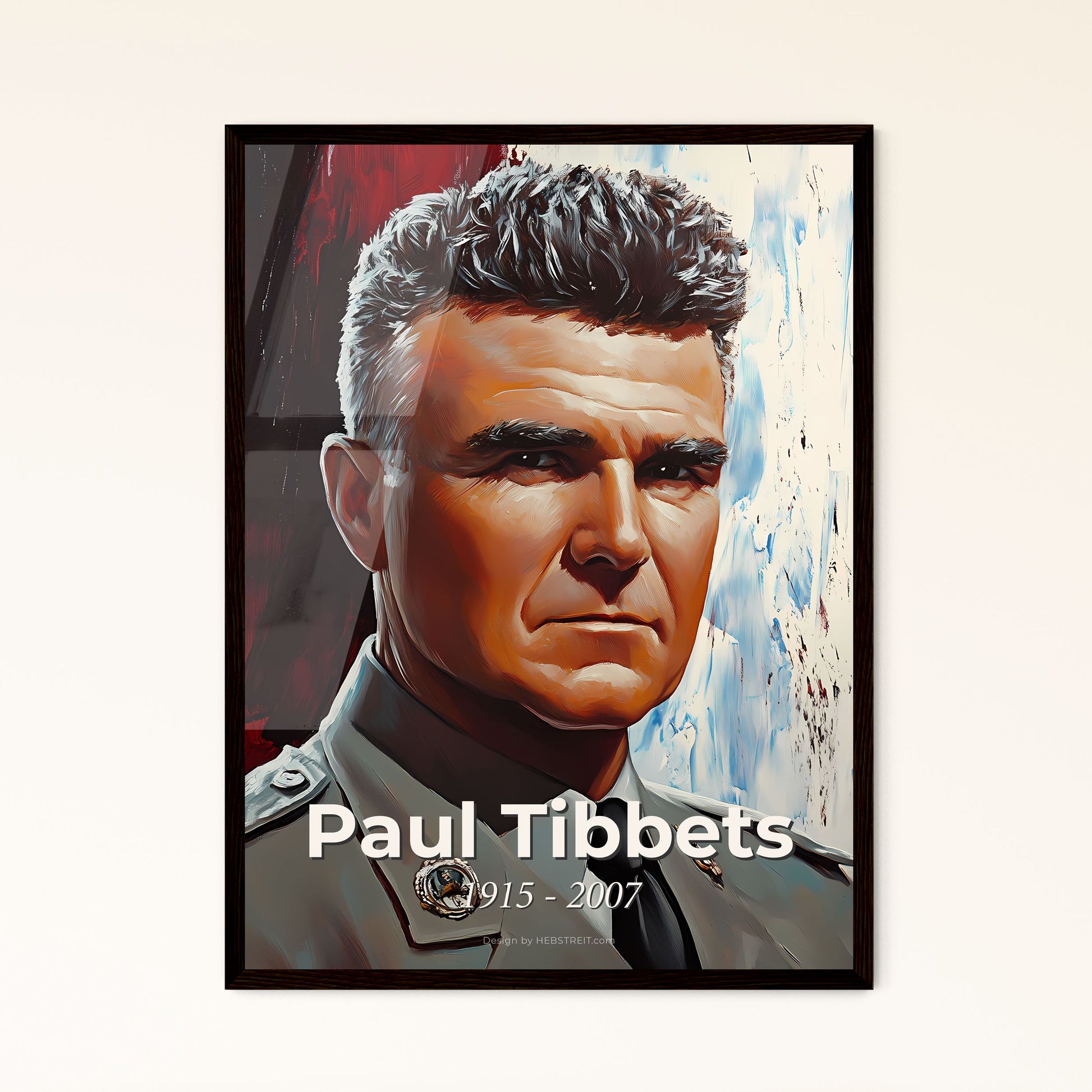 Portrait of Paul Tibbets, 1915 - 2007. Impressionistic painting of a man in a military uniform.