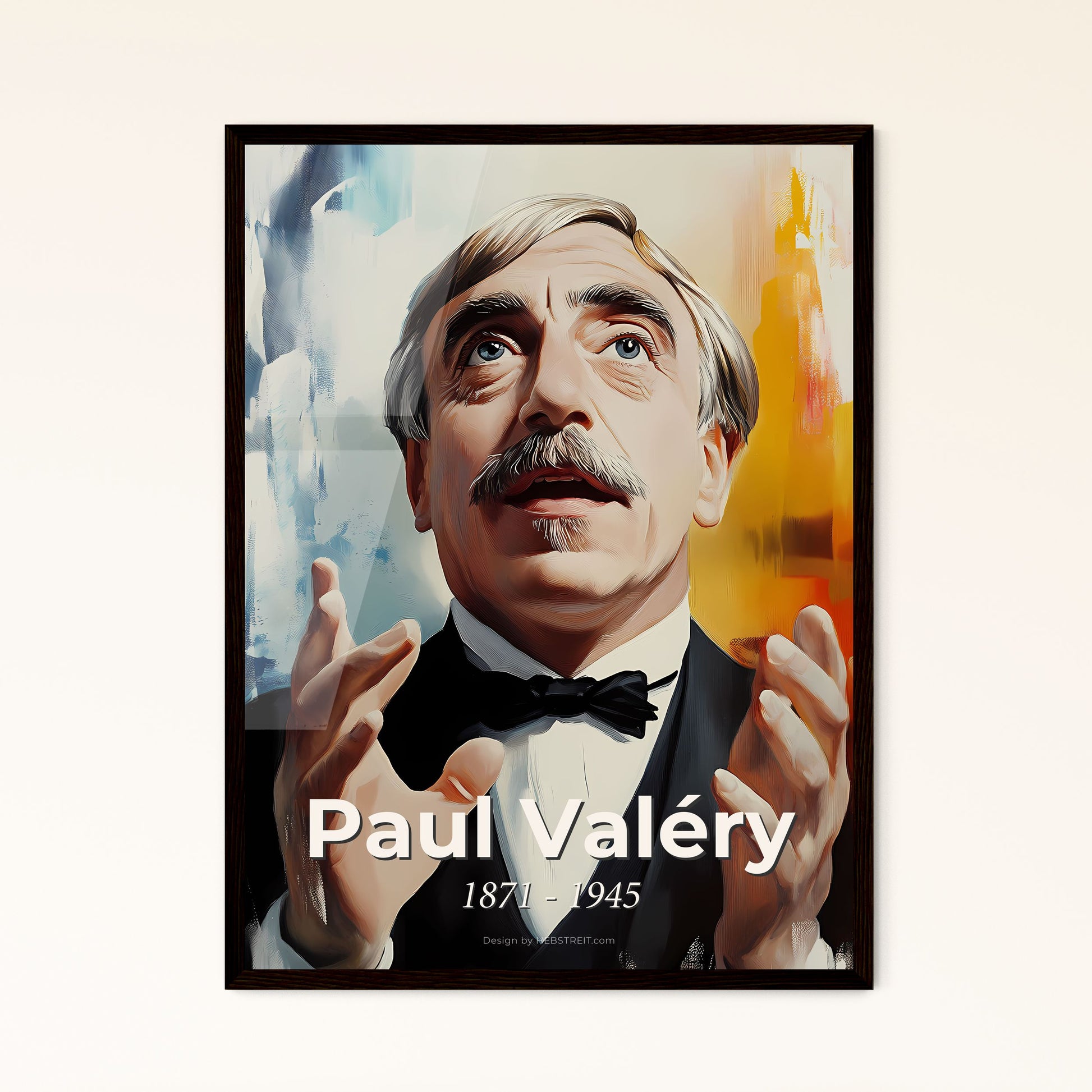 Portrait of Paul Valéry, 1871 - 1945. Impressionistic painting of a man in a tuxedo with his hands up.