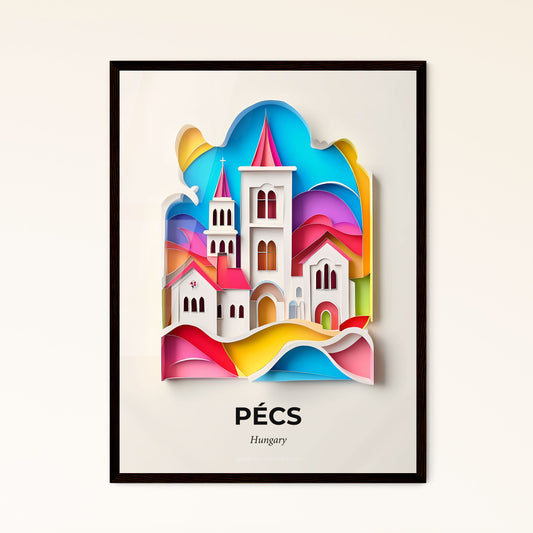 Vivid Pécs, Hungary - a paper cut of a church with a rainbow sky