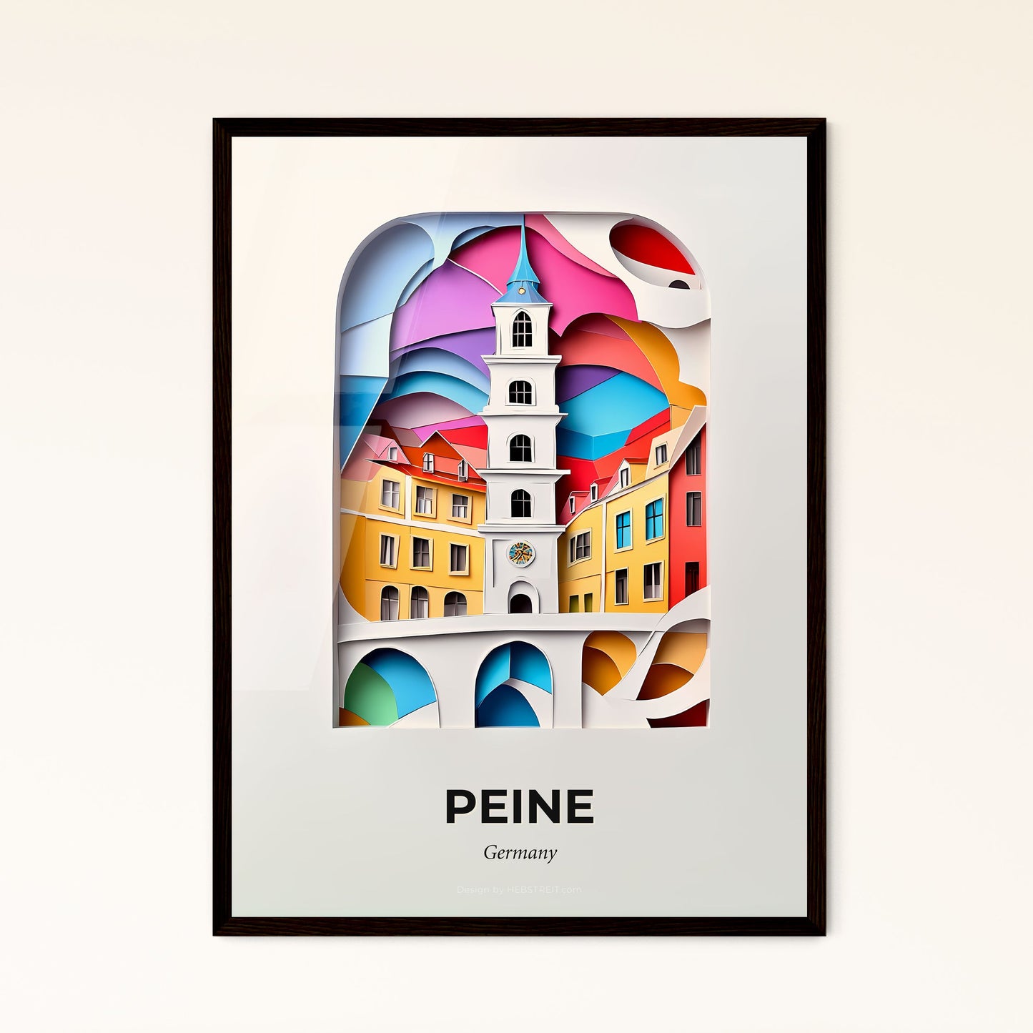 Vivid Peine, Germany - a paper cut of a church tower with a clock