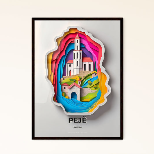 Vivid Pejë / Peć, Kosovo - a paper cut of a church with a rainbow colored roof