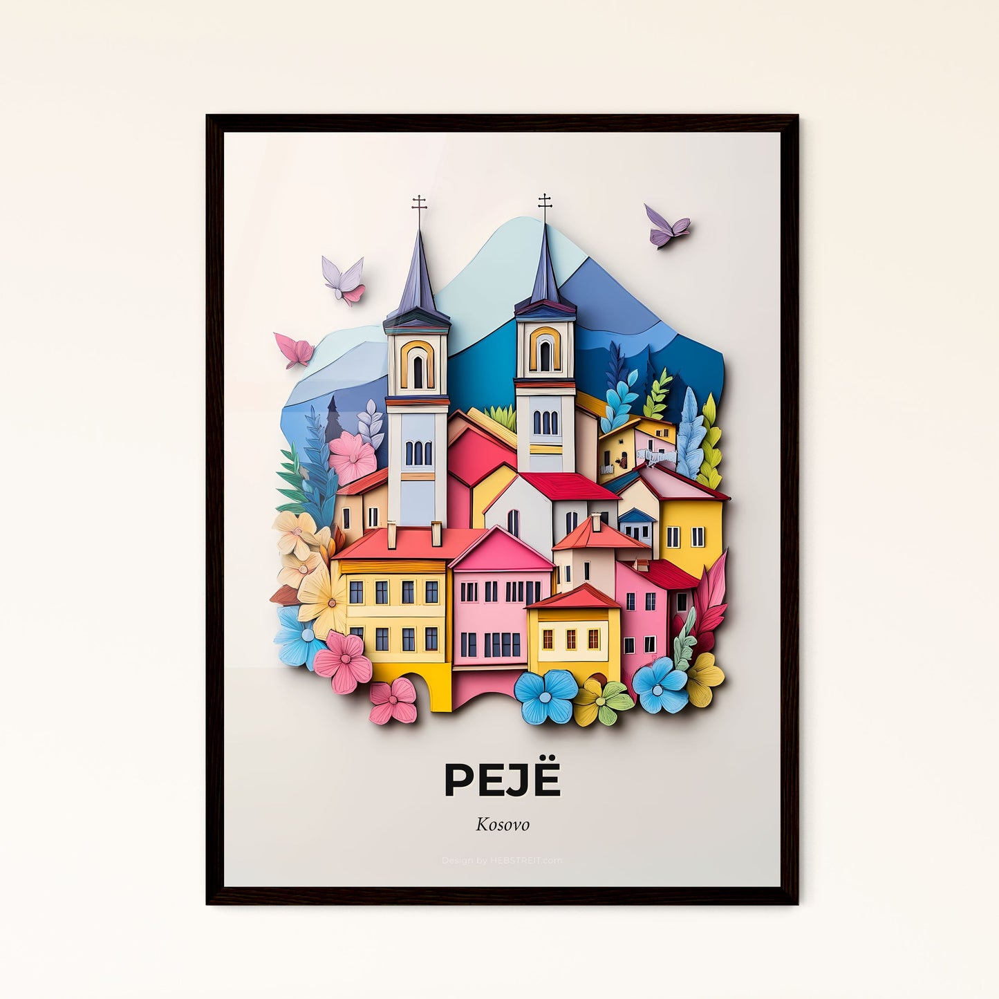 Vivid Pejë / Peć, Kosovo - a paper cut of a town with a church and flowers