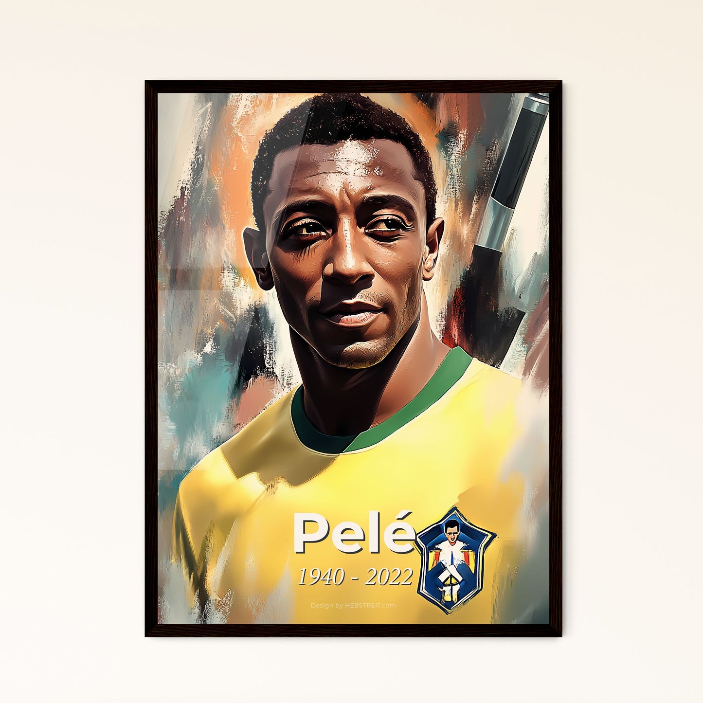 Portrait of Pelé, 1940 - 2022. Impressionistic painting of a man in a yellow shirt.