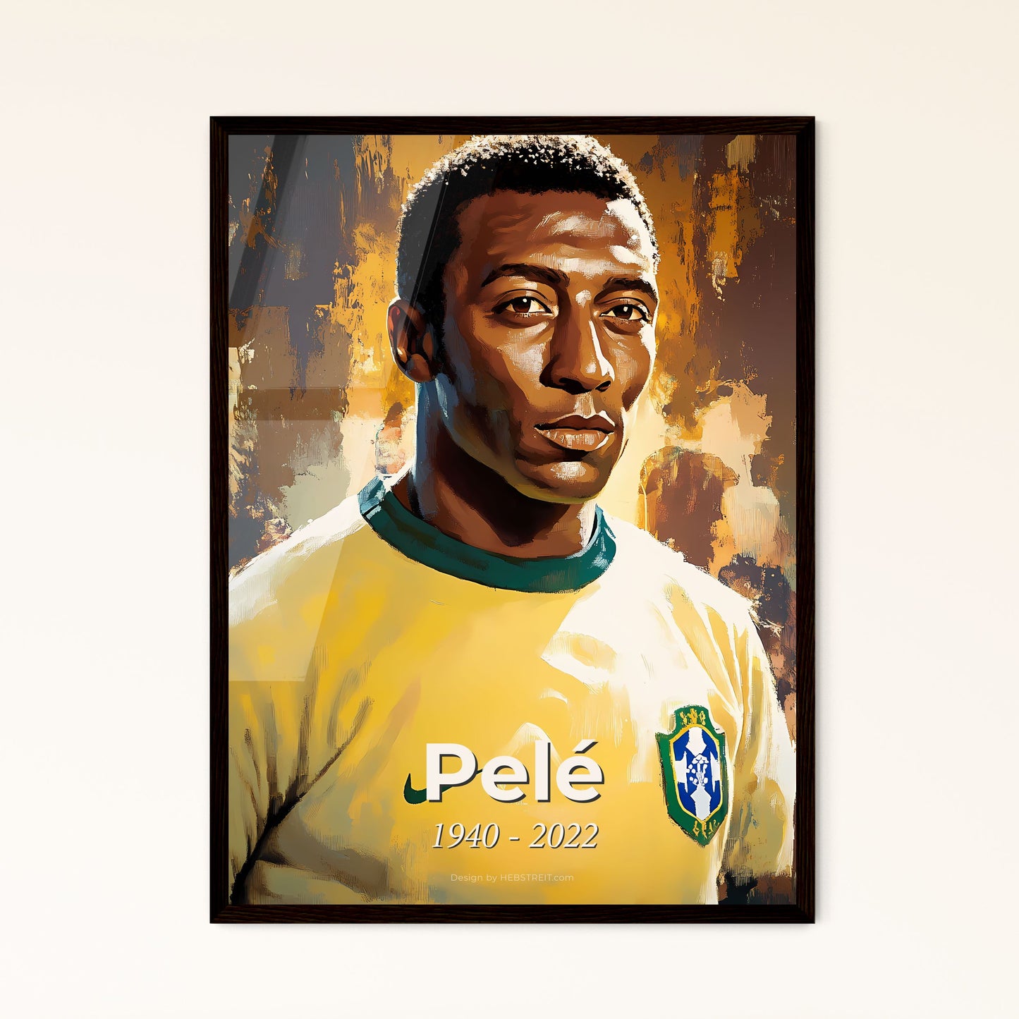 Portrait of Pelé, 1940 - 2022. Impressionistic painting of a man in a yellow shirt.