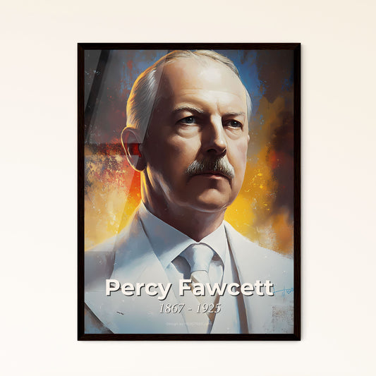 Portrait of Percy Fawcett, 1867 - 1925. Impressionistic painting of a man in a white suit.