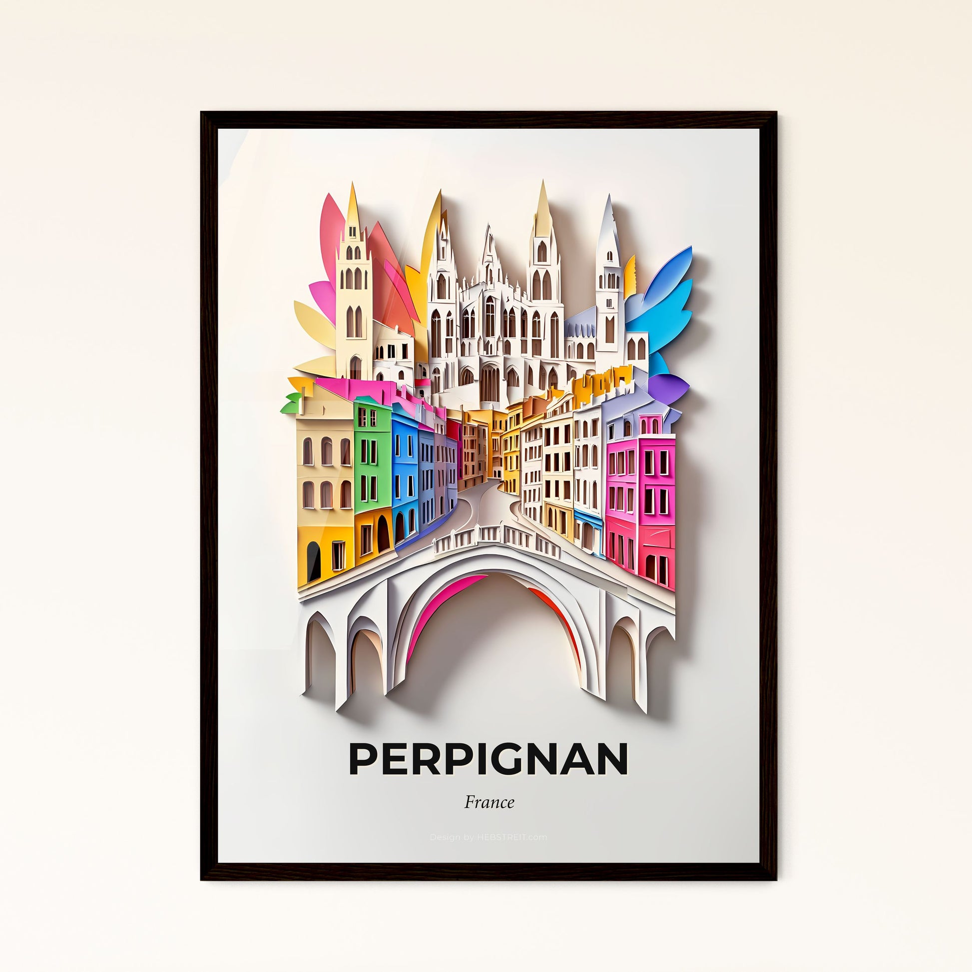 Vivid Perpignan, France - a paper cut of a city with a bridge