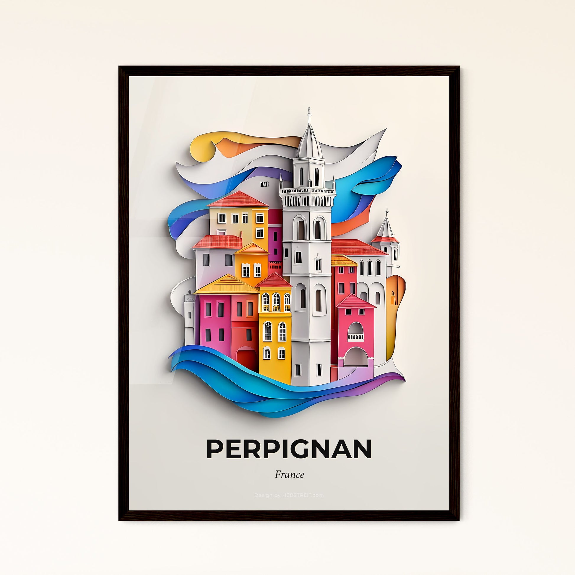 Vivid Perpignan, France - a paper cut of a city with a clock tower