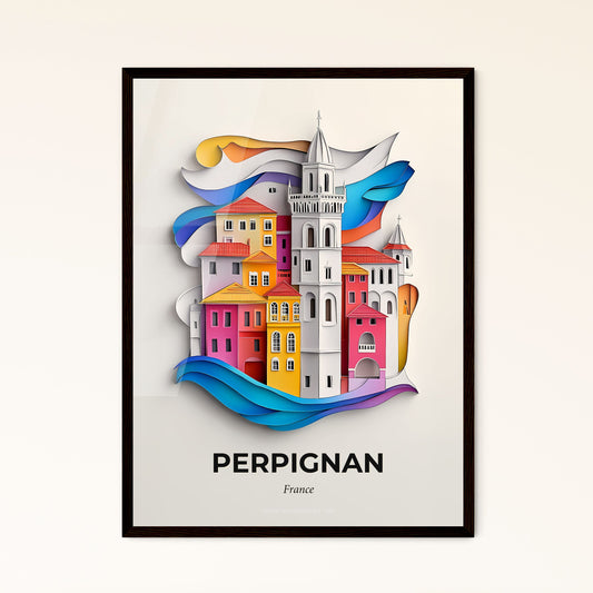 Vivid Perpignan, France - a paper cut of a city with a clock tower