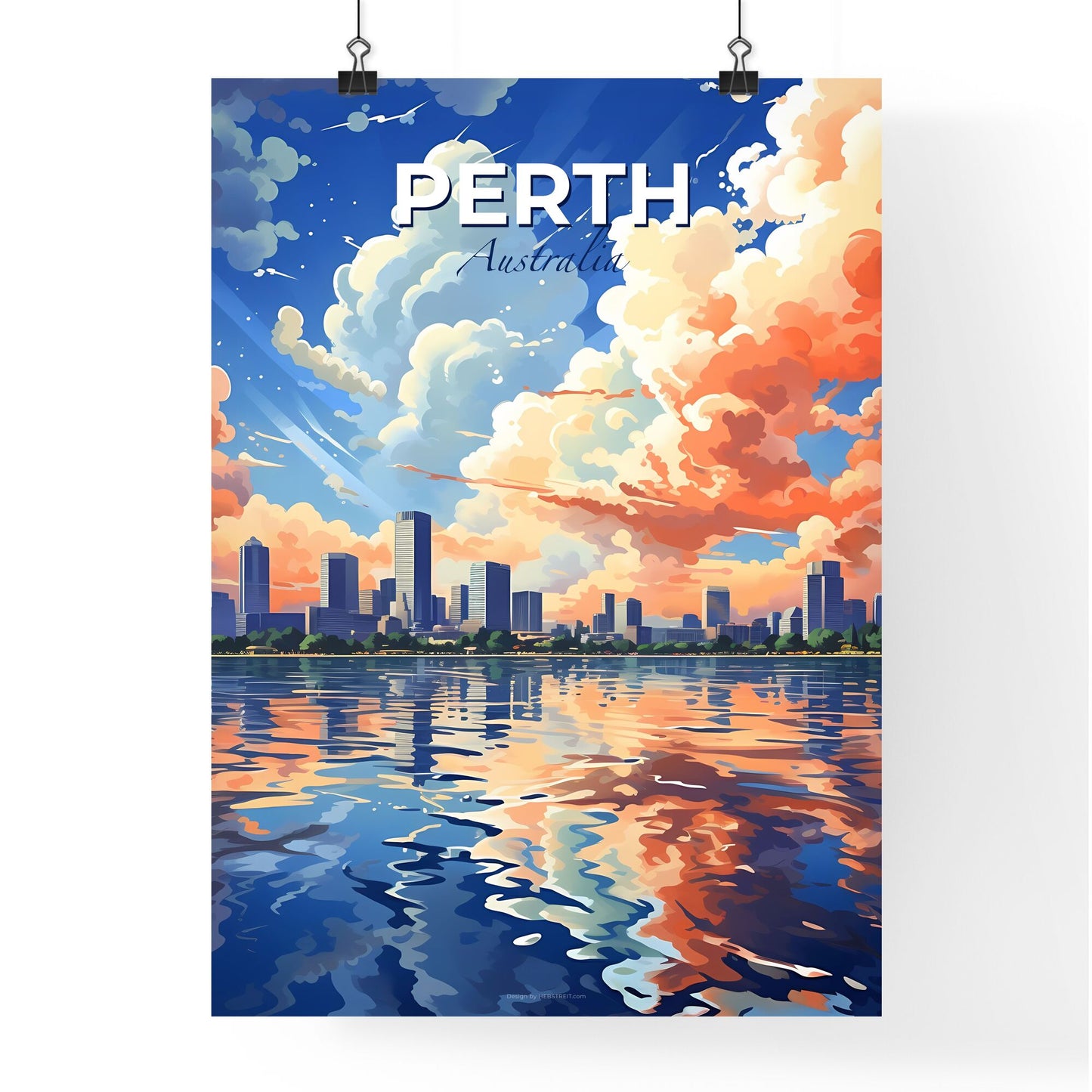 Perth Australia Skyline City Painting Art Clouds Water Vibrant Colors Default Title