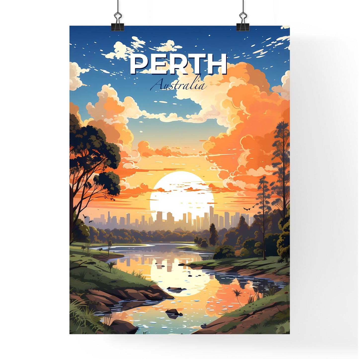 Perth Australia Skyline Painting Vibrant River Trees City Background Default Title