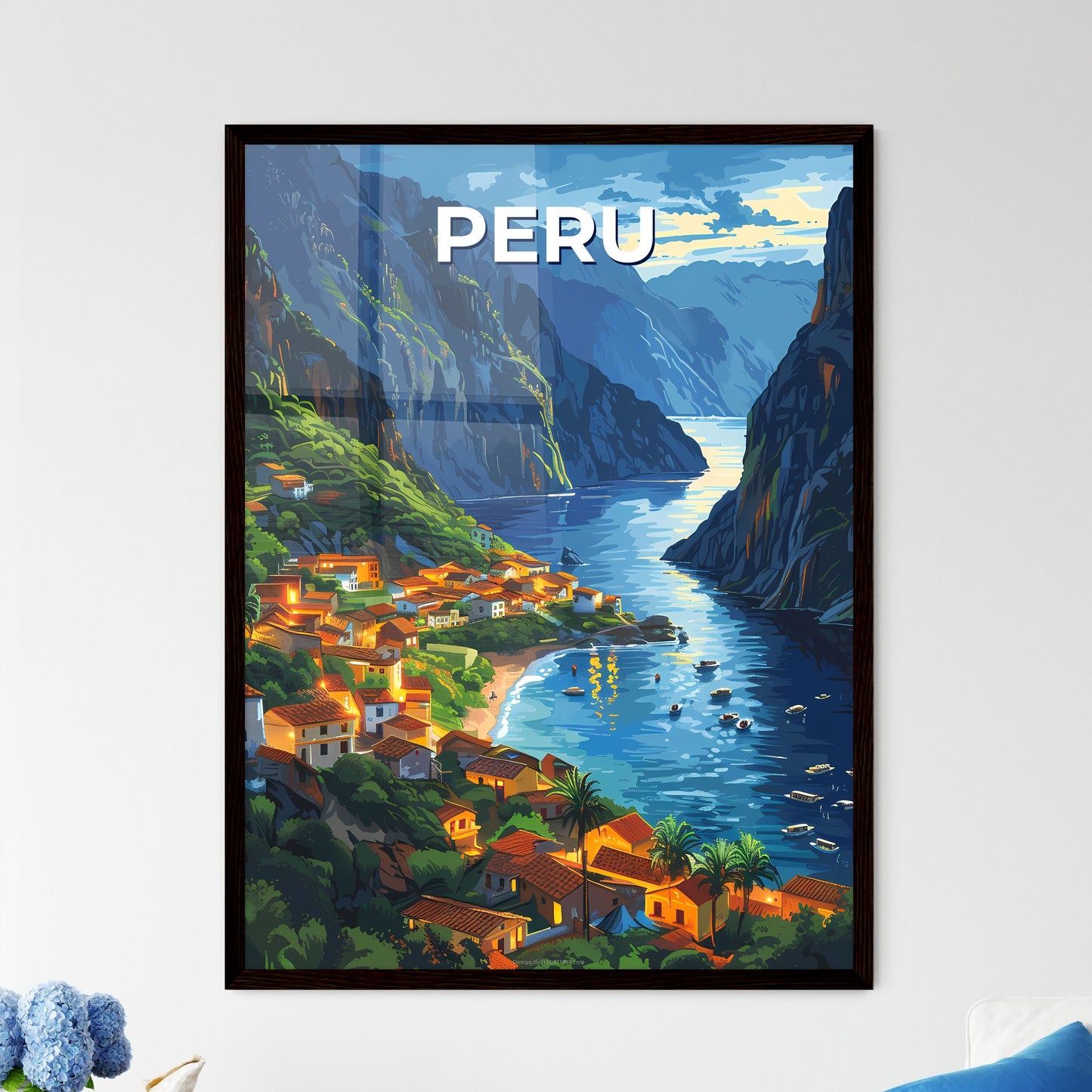 Peruvian Village Art: Colorful Painting Depicting Andean Village by Water, South America