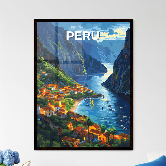 Peruvian Village Art: Colorful Painting Depicting Andean Village by Water, South America