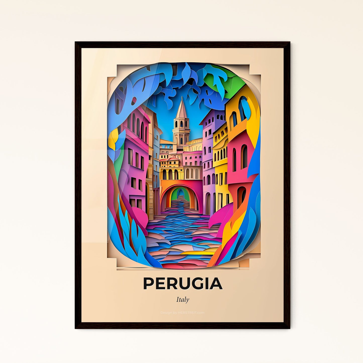 Vivid Perugia, Italy - a colorful city scene with a river and a clock tower