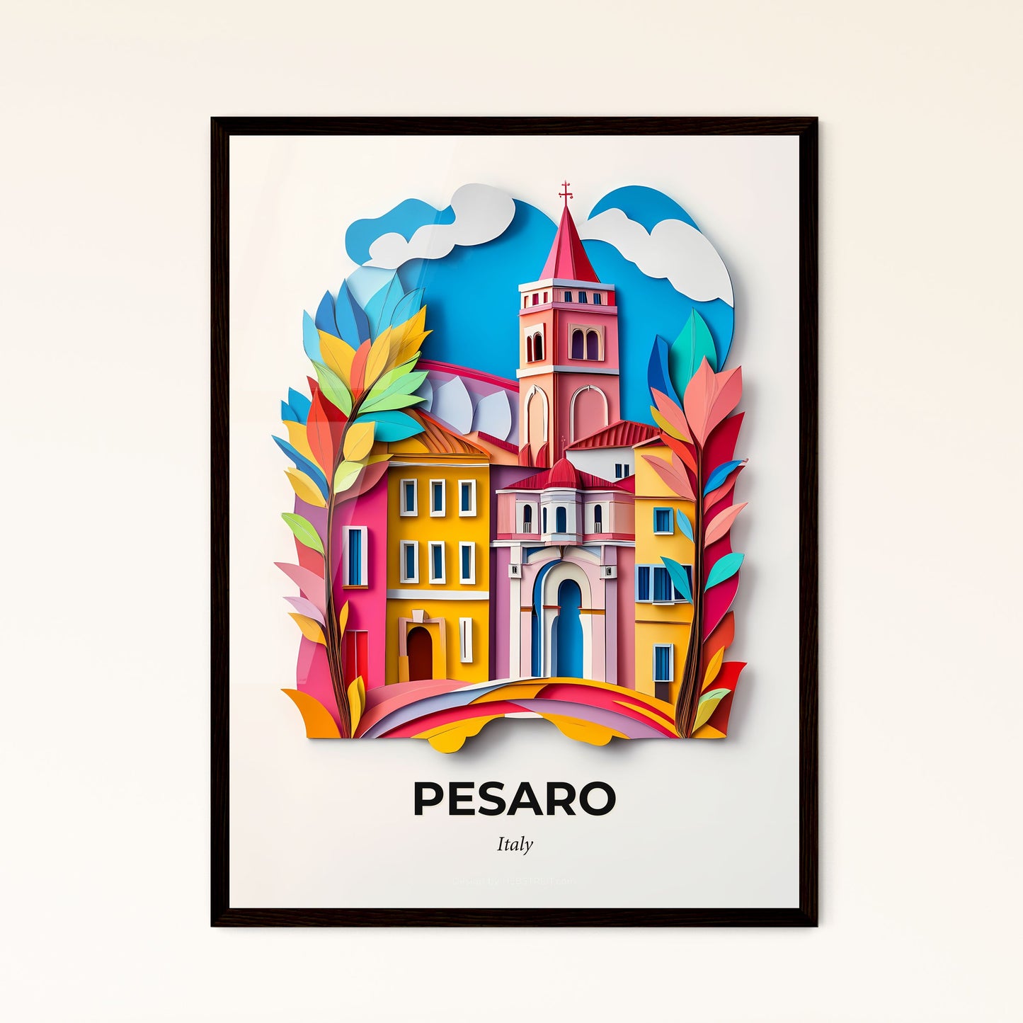 Vivid Pesaro, Italy - a paper cut of a church and a tree