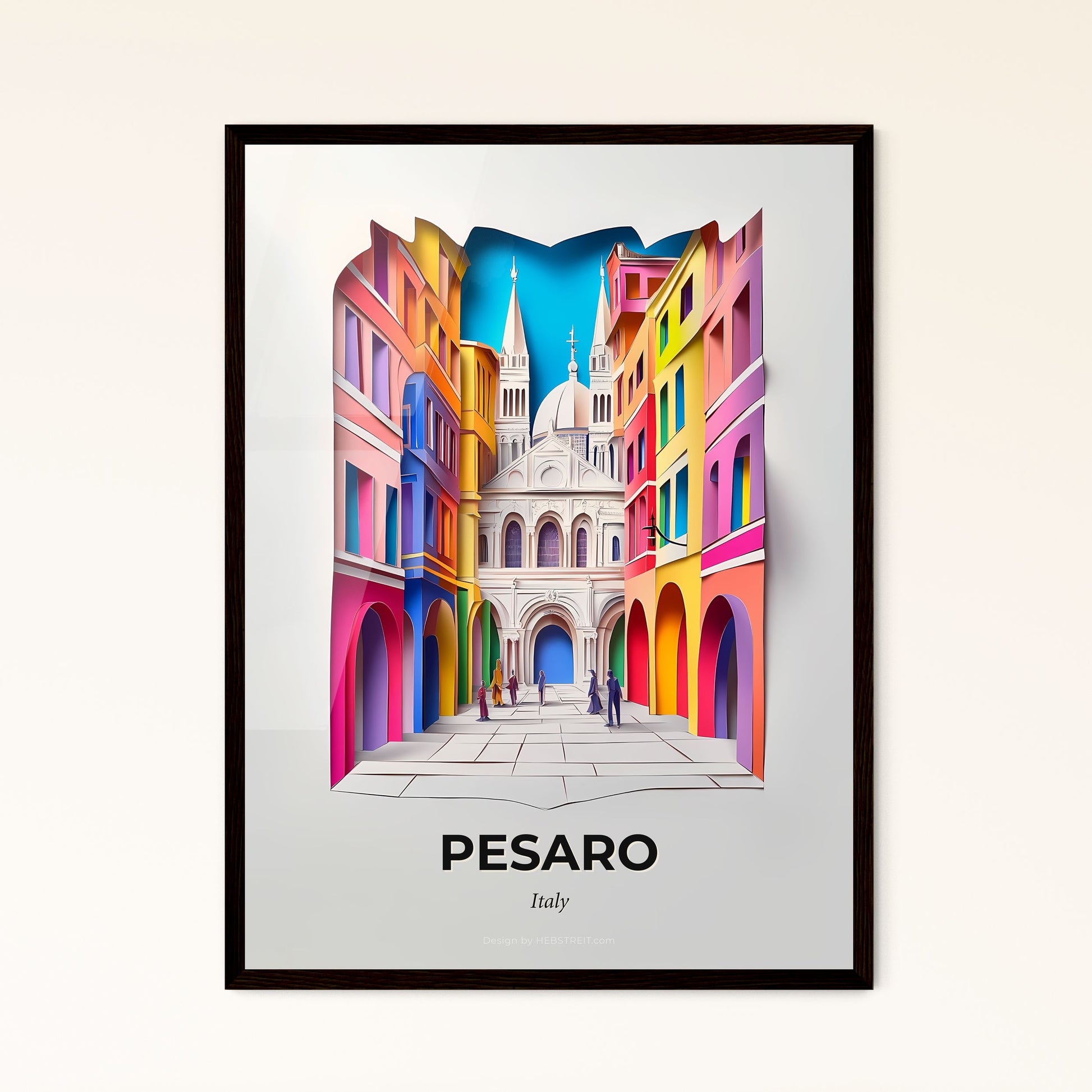 Vivid Pesaro, Italy - a paper cut of a street with a church in the background