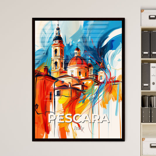 Vibrant Pescara, Italy - A Painting Of A Building With Towers And A Blue And Orange Background