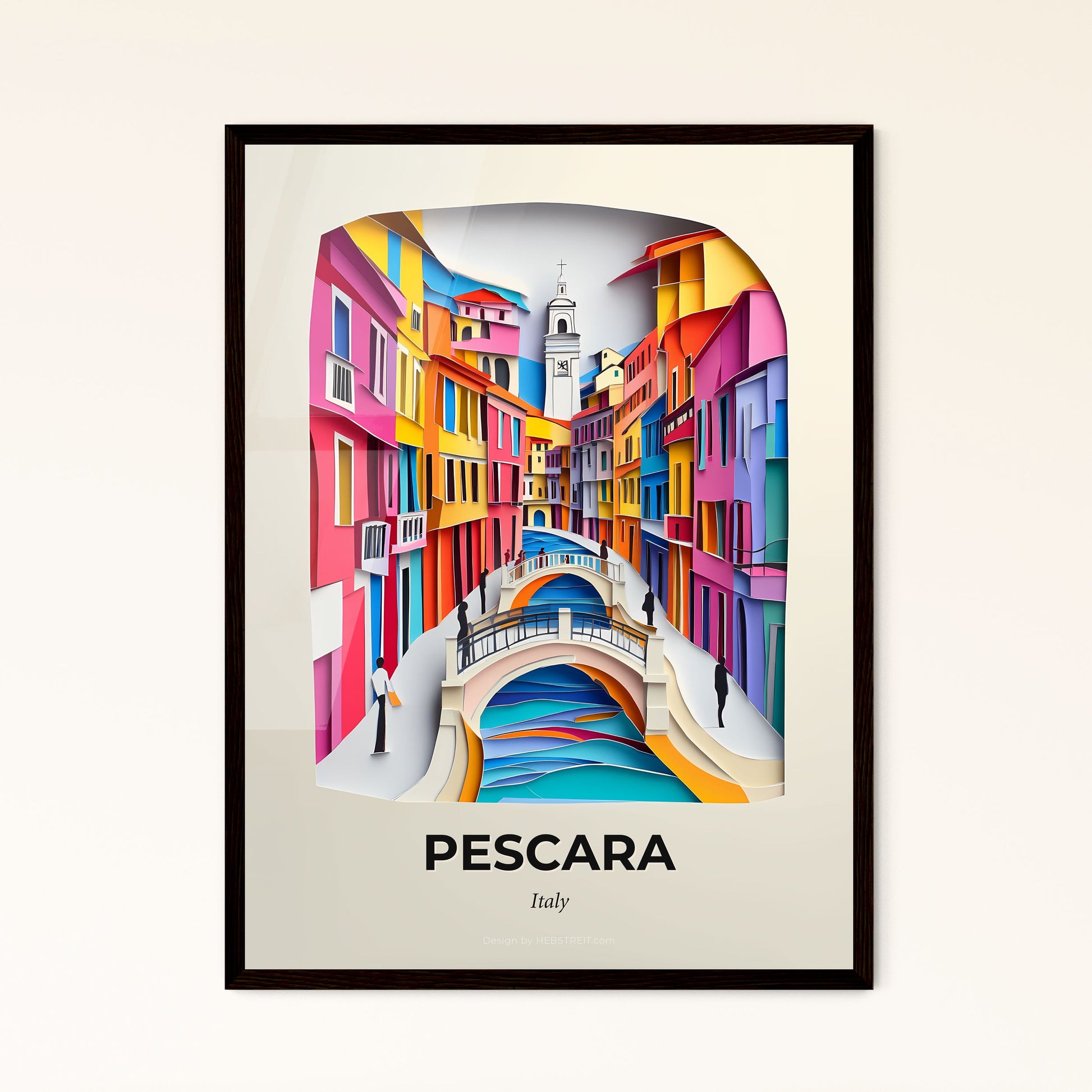 Vivid Pescara, Italy - a colorful city with a bridge and a person walking on the bridge