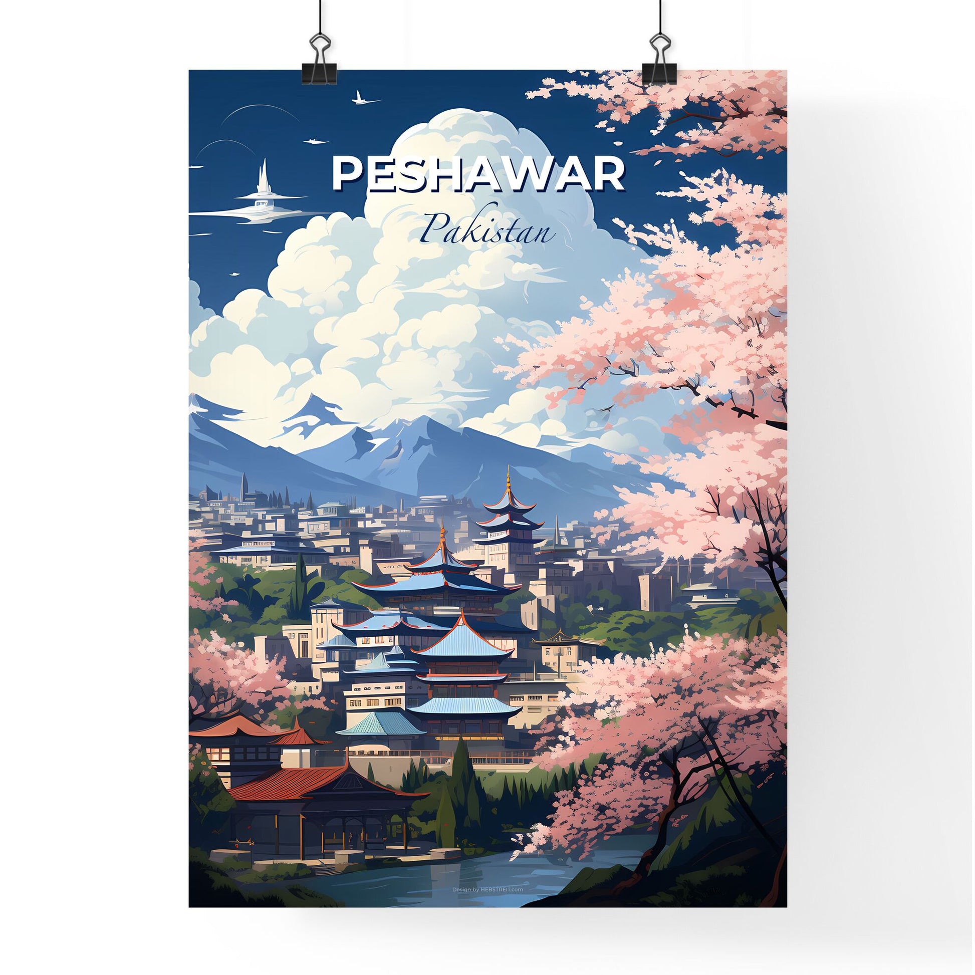 Peshawar Pakistan Cityscape Panorama Art Painting Landscape Skyline Cherry Blossoms Default Title