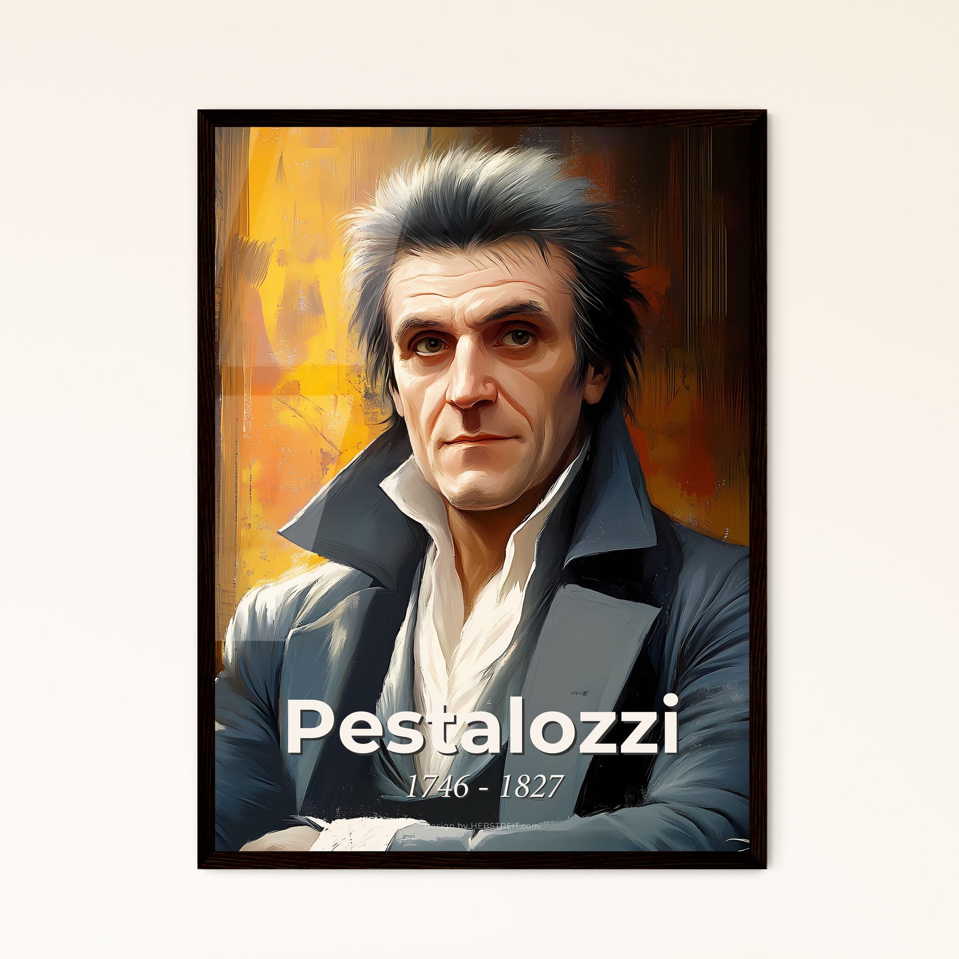 Portrait of Pestalozzi, 1746 - 1827. Impressionistic painting of a man with spiky hair wearing a coat.