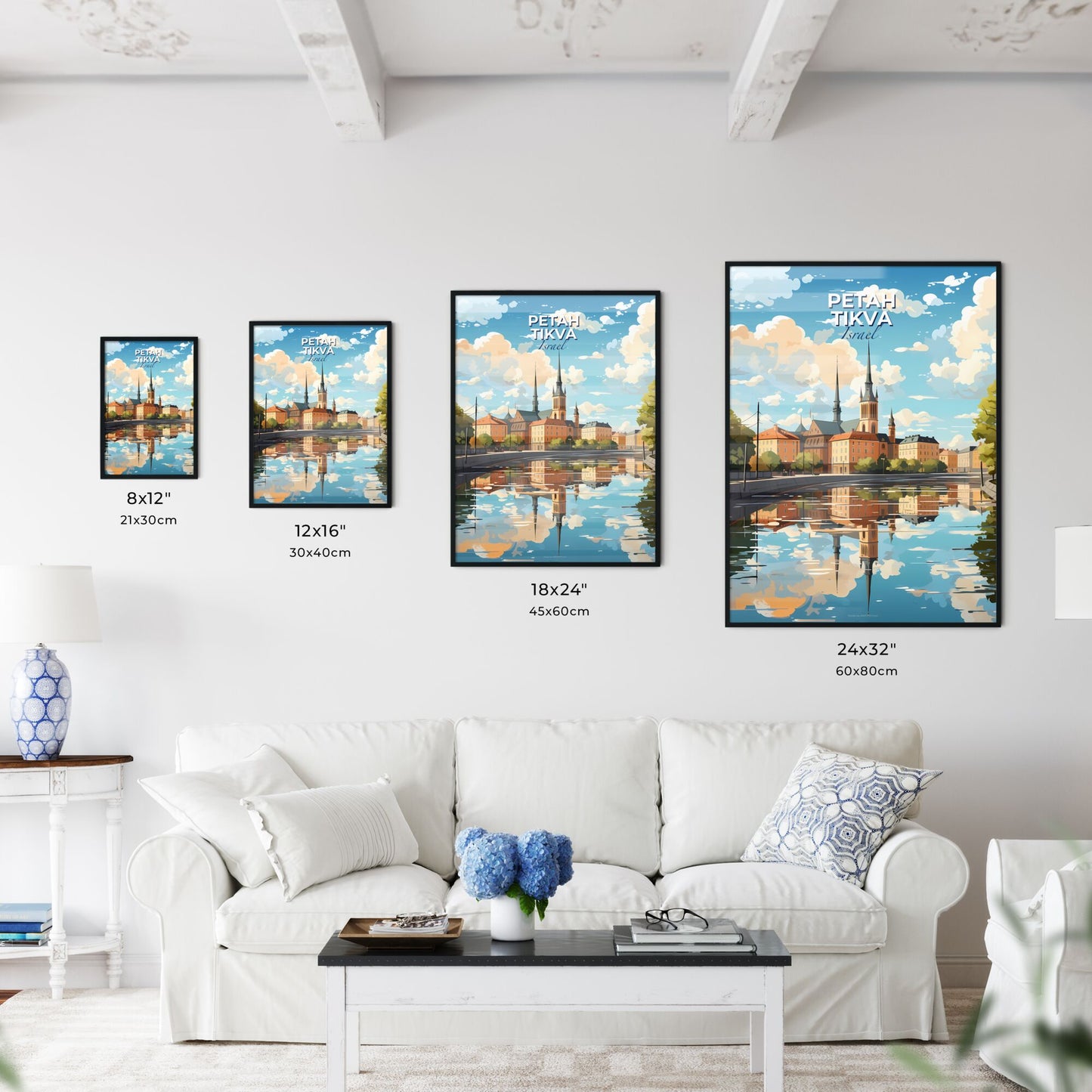 Abstract cityscape painting of Petah Tikva Israel skyline featuring a body of water and a building with towers Default Title