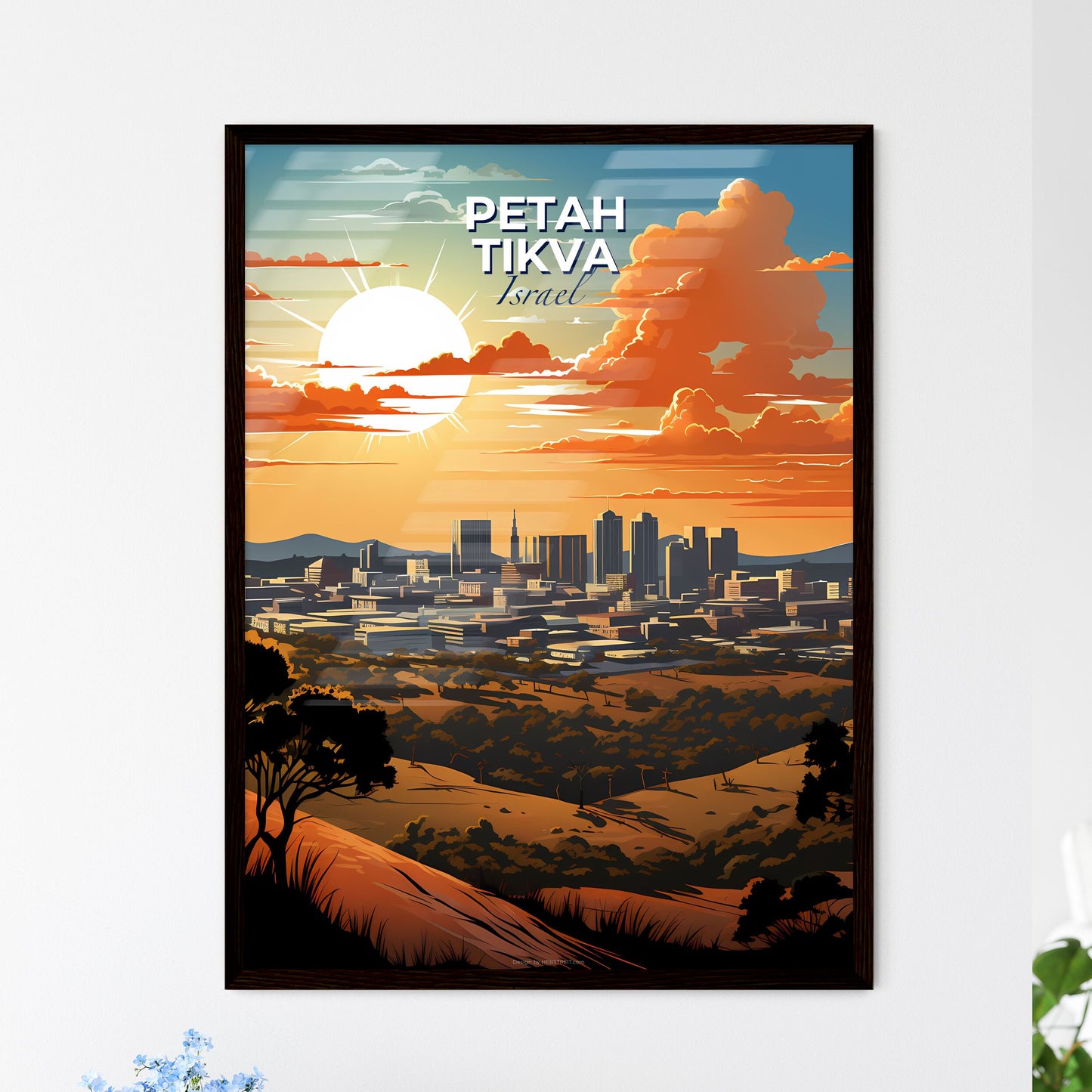 Artistic Cityscape of Petah Tikva Skyline with a Vibrant Sunset and Lush Trees Default Title