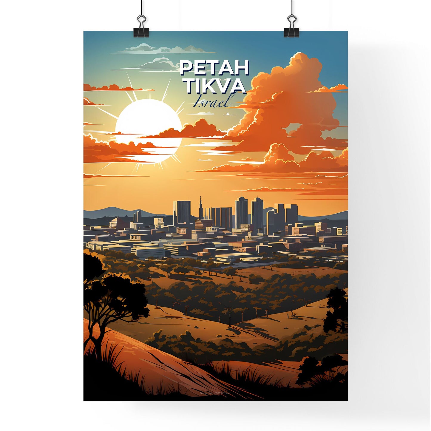 Artistic Cityscape of Petah Tikva Skyline with a Vibrant Sunset and Lush Trees Default Title