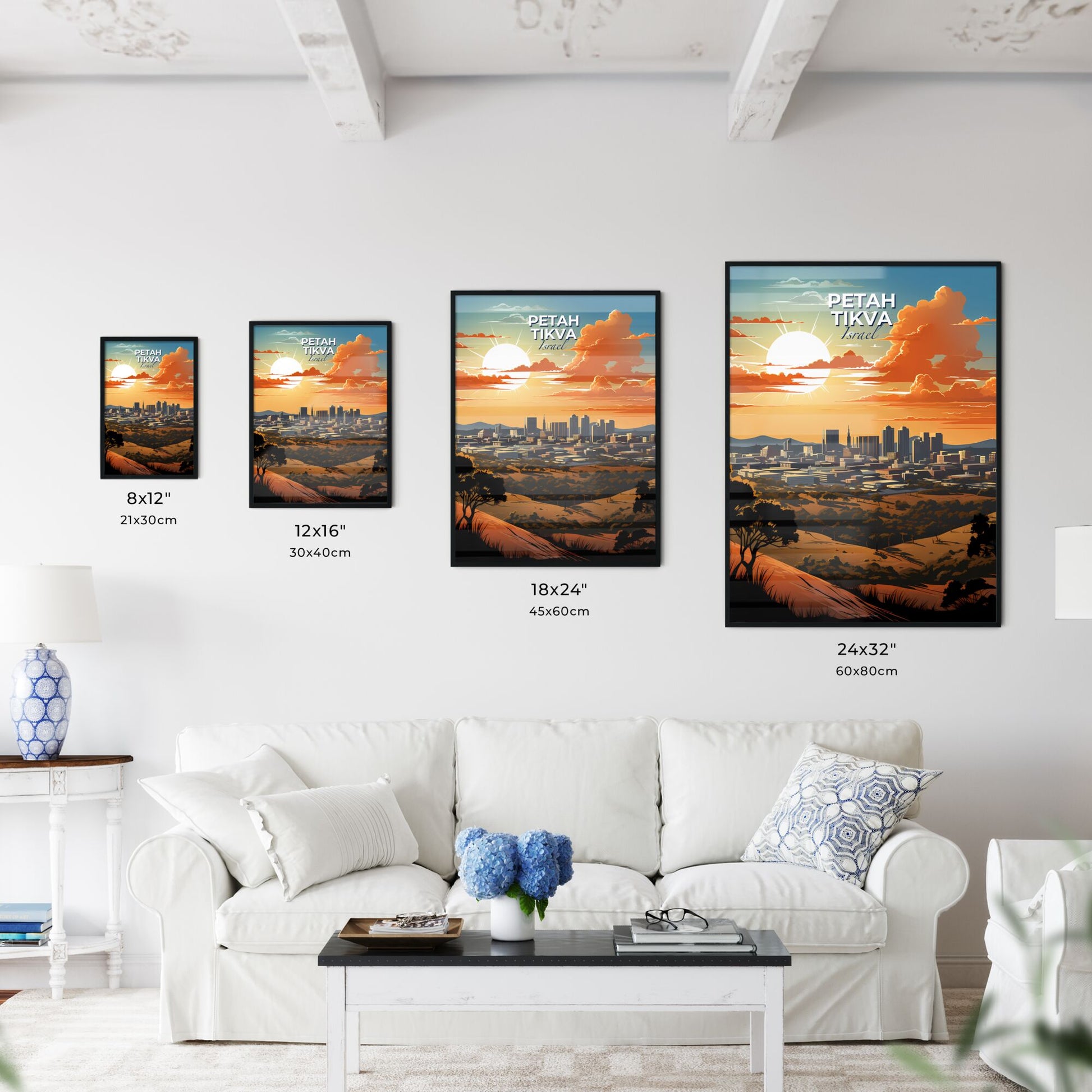 Artistic Cityscape of Petah Tikva Skyline with a Vibrant Sunset and Lush Trees Default Title