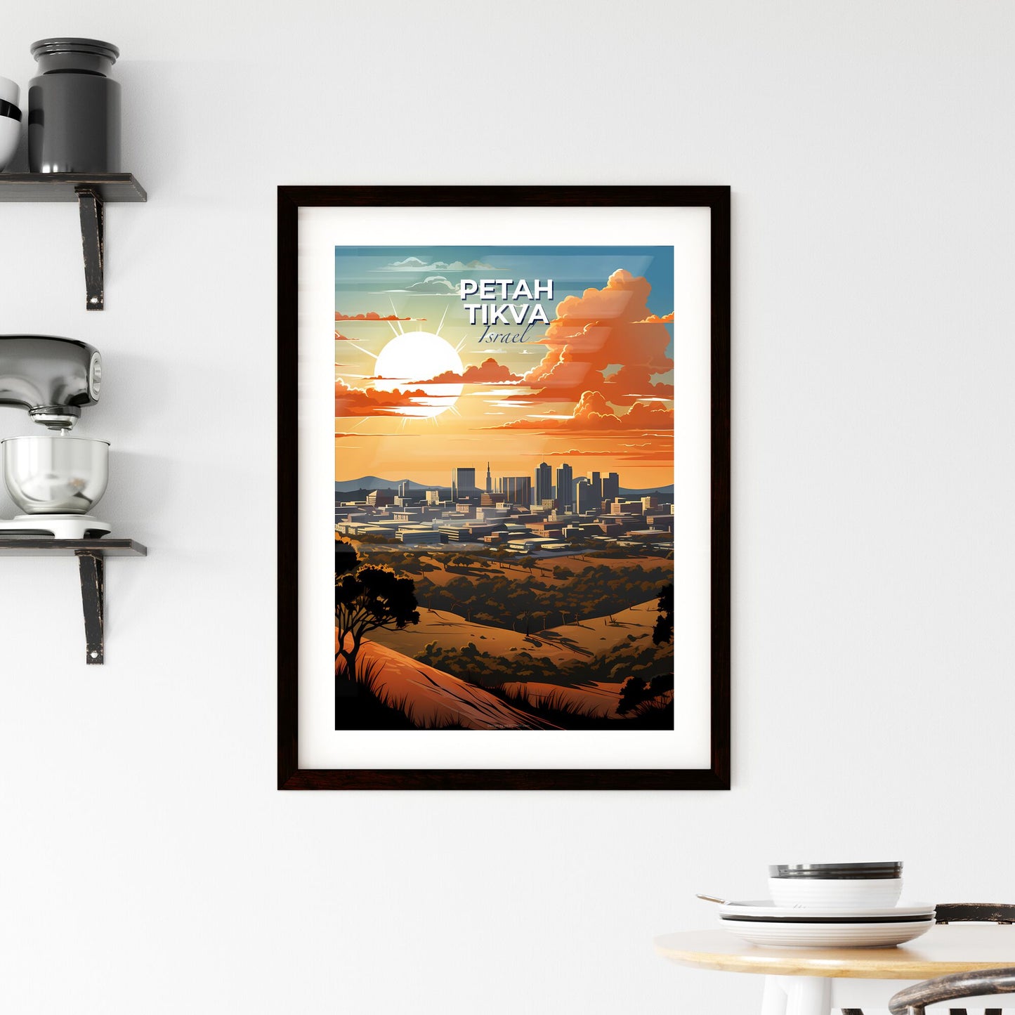 Artistic Cityscape of Petah Tikva Skyline with a Vibrant Sunset and Lush Trees Default Title