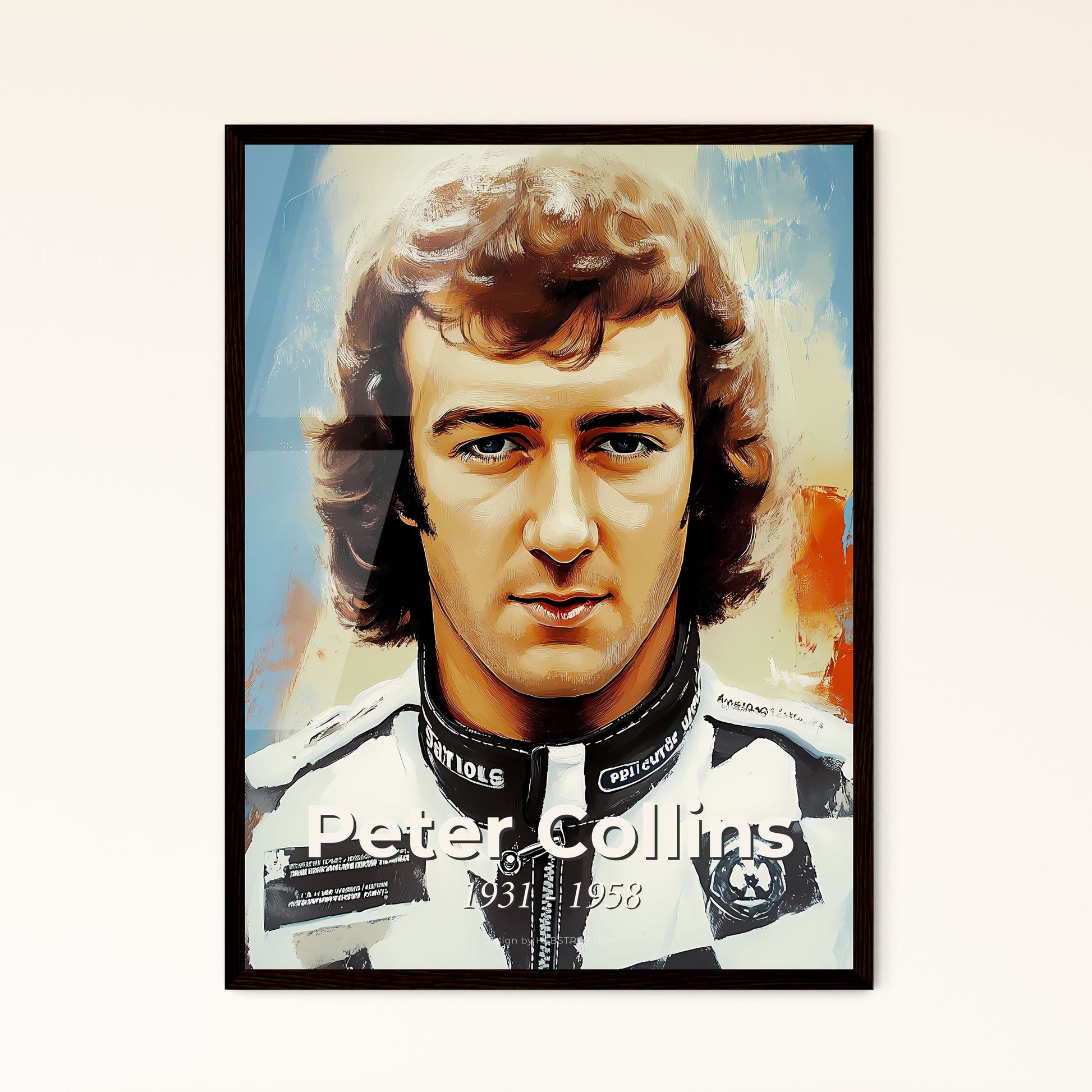 Portrait of Peter Collins, 1931 - 1958. Impressionistic painting of a man in a race suit.