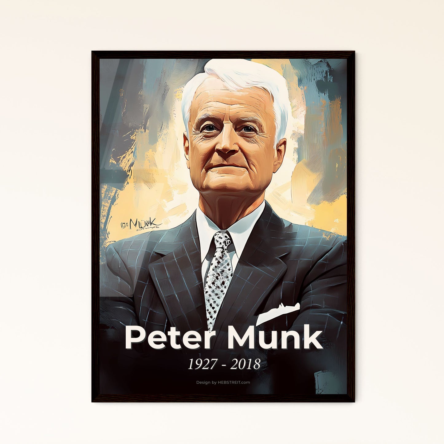 Portrait of Peter Munk, 1927 - 2018. Impressionistic painting of a man in a suit.